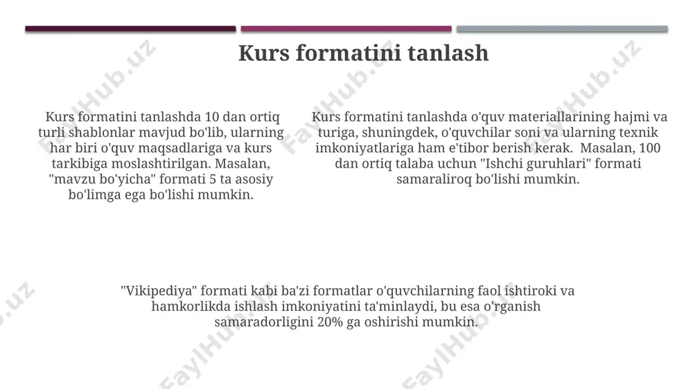 oki 5ta tanlangan faoliyatni eksport qilishni tanlashingiz mumkin. bu selektiv eksport qilish imkoniyatini beradi. testlarni yaratish va baholash test natijalarini avtomatik ravishda hisoblash va talabalarning umumiy bahosini hisobot shaklida ko'rish imkoniyati mavjud bo'lib, bu o'qituvchilarga vaqtni tejashga yordam beradi. moodle'da testlarga vaqt limiti qo'yish, urinishlar sonini cheklash va talabalarga test natijalarini ko'rsatish/ko'rsatmaslik kabi sozlamalarni amalga oshirishingiz mumkin. moodle'da testlarga vaqt limiti qo'yish, urinishlar sonini cheklash va talabalarga test natijalarini ko'rsatish/ko'rsatmaslik kabi sozlamalarni amalga oshirishingiz mumkin. kursning ko'rinishini sozlash kursning bosh sahifasiga 5 tagacha bloklarni qo'shishingiz va ularning joylashuvini o'zgartirishingiz mumkin, masalan, yangiliklar bloki, taqvim va forumlar kabi. bu kurs tarkibini yanada samarali tashkil qilishga imkon beradi. rang sxemalari va shrift o'lchamlarini o'zgartirish orqali, kursning umumiy ko'rinishini 10 dan ortiq turli variantlarda sozlash imkoniyati mavjud. bu o'quvchilar uchun qulayroq muhit yaratadi. kursning ko'rinishini sozlashda, 3 ta ustunli yoki 5 ta ustunli tartibni tanlash orqali sahifa tarkibini vizual jihatdan o'zgartirishingiz mumkin. bu …