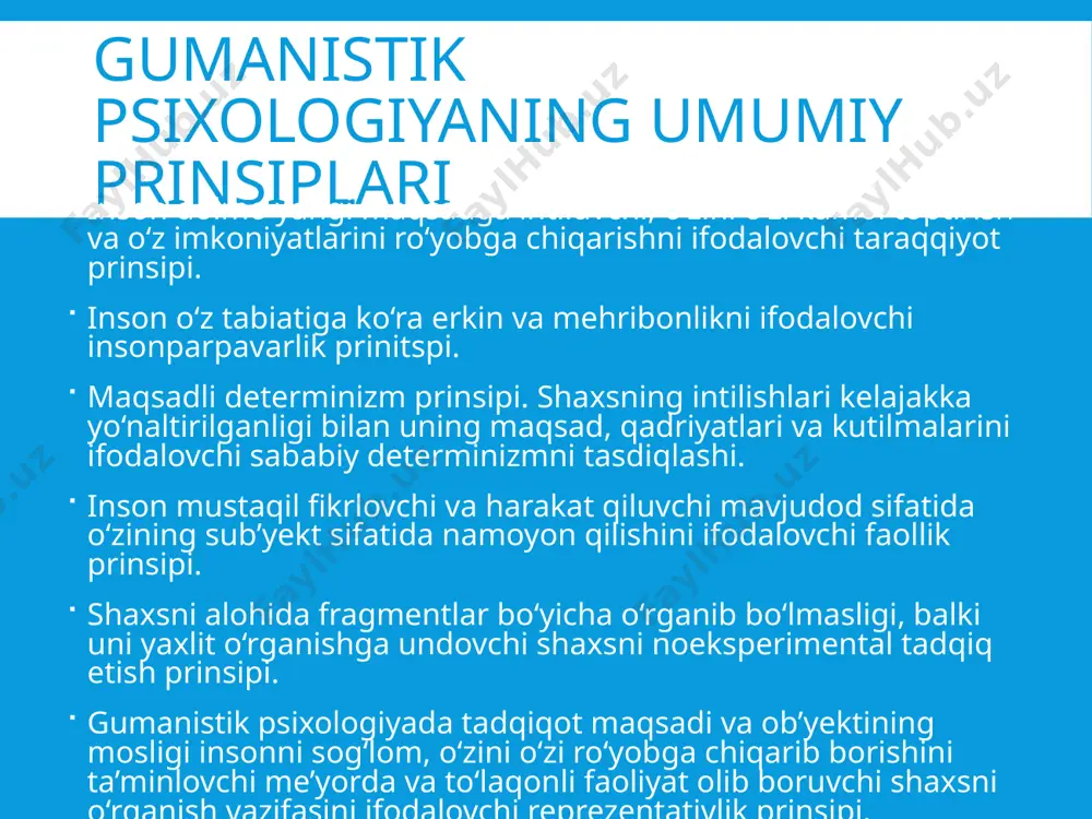 lgilaydi, tanlov va qaror qabul qilishda erkin; 3) inson o‘z tabiatiga ko‘ra mehribon va o‘zini o‘ziga kamol toptirishga intiluvchan. men konsepsiyasi xarakterlovchi jihatlari barcha shaxs xususiyatlari men konsepsiyada o‘z aksini topadi (jismoniy, sotsial, seksual, tuyg‘u va emotsiya, tab va psixologik qirralar va boshqalar); men-konsepsiyaning qismlari o‘rtasida tuzilmaviy va tiplar bo‘yicha bog‘lanish mavjud; kongruentlik-nokongruentlik, ya’ni men-konsepsiya insonning real kechinmalarini muvofiq/ nomuvofiqligidir. himoya yoki kuch men konsepsiyaning mos emasligini ifodalaydi; zo‘riqshlar, ya’ni himoya pozitsiyasida qayd etish oqibatidagi holat; o‘zini o‘zi hurmatlash darajasi yoki barcha xususiyatlari bo‘yicha o‘zini qabul qilish; faol tushuvchi axborotlardan kelib chiqib o‘zini baholash qobiliyati. shaxs markazlashgan psixoterapiyaning asosiy prinsipi: klient haqidagi faqat faol axborotlar foydalaniladi; psixoanalizning zarur atributlari inkor etiladi, ular empatiyani yaqinlashuvi va o‘rnatilishiga xalaqit beradi. o‘zaro ta’sirlashuv “yuzma yuz” amalga oshiriladi; talqin, baholash va maslahatlar mavjud emas; klientga shartsiz ijobiy munosabatdan tashqari so‘ngra salbiy emotsiyaga yo‘l qo‘yiladi; klient terapevtdan mustaqil, avtonom; natijalar ongning kengaytirishga xizmat qiladi. psixoterapiyada …