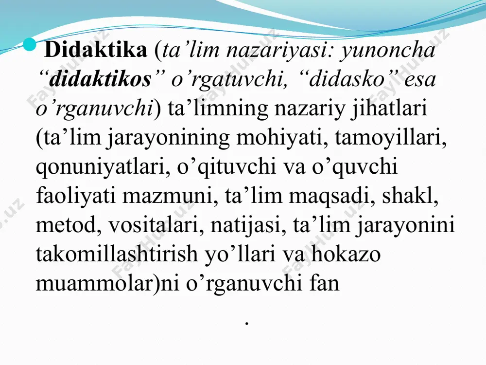 jadval № tushuncha tushunchaning mazmuni tushunchaning ta’lim tizimidagi mohiyati 1 qonuniyat “qonuniyat” tushunchasi orqali ob’ektiv hodisalar o’rtasidagi bog’lanishlar va ularga xos bo’lgan qonunlar ifodalanadi. ta’lim qonuniyatlari ta’lim jarayonining tarkibiy qismlari o’rtasidagi o’zaro bog’lanishlar va ularga xos bo’lgan qonunlarni anglatishga xizmat qiladi. 2 tamoyil printsip (lotincha “asos”, “birinchi”, ”ibtido”) hatti harakatning birinchi ibtidosi, rahbar g’oyasi, asosiy qoidasi. 1. nazariya, ta’limot, fan va shu kabilarning asosiy qonun qoidasi; faoliyat uchun asos qilib olingan qonun –qoida. 2/ kishi og’ishmay amal qiladigan qoida, nuqtai nazar, qarash, maslak. ta’lim tamoyillari ta’lim nazariyasining asosiy yetakchi qoidalari bo’lib, o’qitish asosidagi ta’lim va uni tashkil etish jarayonini tashkil etish mazmuni, shakli, metodi, vositalari tanlanishini belgilaydigan boshlang’ich asoslar hisoblanadi. konseptual jadval ta’lim qonuniyatlari va tamoyillari ta’lim qonuniyatlari – ta’lim jarayonida ro’y beradigan hodisalar o’rtasidagi o’zaro bog’lanishlar, ularning mohiyatini ifodalovchi shart-sharoit, asos. ta’lim tamoyillari ta’lim nazariyasining asosiy yetakchi qoidalari bo’lib, o’qitish asosidagi ta’lim va uni tashkil etish jarayonini tashkil etish …