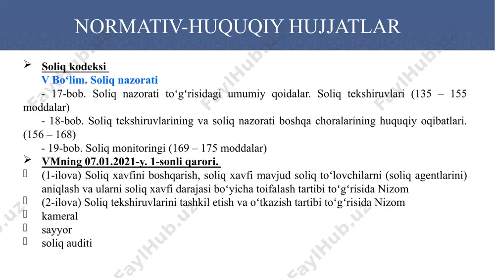 oliq tekshiruvi turlari kameral soliq tekshiruvi sayyor soliq tekshiruvi soliq audit soliq tekshiruvlari turlari kameral soliq tekshiruvi (masofaviy - nazorat yordam tekshiruvi 30 kundan ko’p bo’lmagan muddatda) sayyor soliq tekshiruvi (joyiga chiqqan holda - nazorat tekshiruvi 10 kundan ko’p bo’lmagan muddatda) soliq auditi (vijdonsiz soliq to’lovchi faoliyatini to’liq tekshirish 30 kundan ko’p bo’lmagan muddatda) oʻzbekiston respublikasi jamoat xavfsizligi universiteti. oʻtkazilgan kameral (nazorati) soliq tekshiruvlari natijasida 2017-2021-yil va 2022-yil yanvar-iyun oylari davomida qoʻshimcha hisoblangan toʻlovlar toʻgʻrisida maʼlumot № hududlar oʻtkazilgan kameral nazorat tadbirlari oʻtkazilgan kameral soliq tekshiruvlari 2017-yilda 2018 yilda 2019 yilda 2020 yilda 2021 yilda 2022 yilda korxona soni summa korxona soni summa korxona soni summa korxona soni summa korxona soni summa korxona soni summa jami 172 542 1 789,9 165 174 3 267,6 157 810 5 338,5 41 105 9 694,0 66 120 5 419,8 16 043 3 076,9 1 qoraqalpogʻiston 10 012 118,0 11 453 246,2 11 467 …