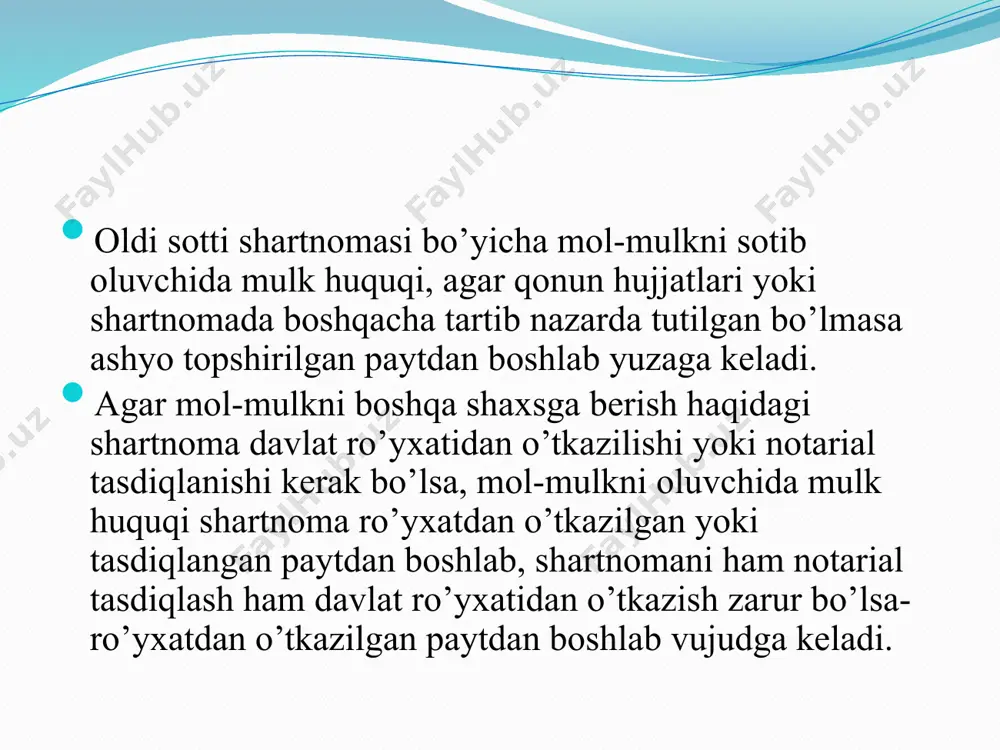 rtnomasida nazarda tutilgan tovarni topshirishi shart. agar oldi sotdi shartnomasida boshqacha tartib nazarda tutilgan bo’lmasa, sotuvchi sotib oluvchiga ashyoni berish bilan bir vaqtda unga mansub ashyoni shuningdek qonun hujjatlarida yoki shartnomada nazarda tutilgan ashyoga aloqador hujjatlar (texnik pasporti, sertifikati v.h.k) ni topshirishi shart. tovarni topshirish majburiyatini bajarish muddati: sotuvchining tovarni sotib oluvchiga topshirish majburiyatini bajarish muddati oldi sotdi shartnomasida belgilanadi, agar shartnoma bu muddatni aniqlash imkonini bermasa, ushbu kodeksning 242-moddasida nazarda tutilgan qoidalarga muvofiq aniqlanadi. belgilangan muddat buzilgan taqdirda sotib oluvchida shartnomaning bajarilishiga qiziqish yoqolishi shartnomadan aniq bilinib tursa, oldi sotdi shartnomasi uni qatiy belgilangan muddatda bajarish sharti bilan tuzilgan hisoblanadi. sotuvchi bunday shartnomani unda belgilangan muddatdan oldin yoki keyin keyin sotib oluvchining roziligisiz bajarishga haqli emas. majburiyatni qatiy belgilangan muddatda bajarish sharti shartnomada mavjud bo’lmagan hollarda oldi sotdi shartnomasi tovarni shartnomaning tovarni topshirish muddati to’g’risidagi shartida belgilangan davr muddatida tovarni tuzish sharti bilan tuzilgan hisoblanadi.binobarin sotuvchida mazkur majburiyatni shartnomada …