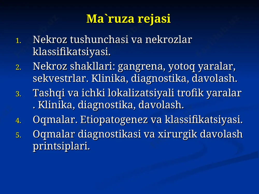 nishining oʼtkir yetishmovchiligi fonida – tuqimalar qurishga ulgurmasdan shish paydo buladi. sogʼlom tuqima chegarasida demarkatsion chiziq. demarkatsion chiziq paydo boʼlmaydi. infektsiyaning boʼlmasligi. infektsiya qushiladi. intoksikatsiya belgilaring yoʼqligi. intoksikatsiya rivojlanadi. gistologik – koagulyatsion nekroz ustun turadi. gistologik – kollikvatsion nekroz ustun turadi quruq gangrenani davolash mahalliy davolash: infektsiya tushishini oldini olish maqsadida tuqimalarni quritish (nekrozlangan toʼqimalarni kaliy permanganat yoki brilliant yashili eritmalari bilan oshlash); segmentni nekrektomiya yoki amputatsiya qilish (demarkatsion chiziq paydo boʼlgach). umumiy davolash: ogʼriqni bartaraf qilish; spazmalitiklar(no-shpa); toʼqima va qon tomir protektorlari (nikotinovaya kislota, agapurin, trental, solkoseril); vitaminoterapiya (v gurux vitaminlari); dezagregantlar (aspirin, kurantil); antikoagulyantlar (finilin, geparin); infektsiya profilaktikasi(antibiotiklari); gbo. hoʼl gangrenani davolash mahalliy davolash: erta davrlarda quruq gangrenaga oʼtkazishga harakat qilinadi – infektsiya tushishini oldini olish maqsadida tuqimalarni quritish (nekrozlangan toʼqimalarni kaliy permanganat yoki brilliant yashili eritmalari bilan oshlash); oyoqlarni yuqori amputatsiyasi va organlarni sogʼlom tuqima zonasidan rezektsiya qilish. umumiy davolash: ogʼriqni bartaraf qilish ; dezintoksikatsion terapiya (gemodez, …