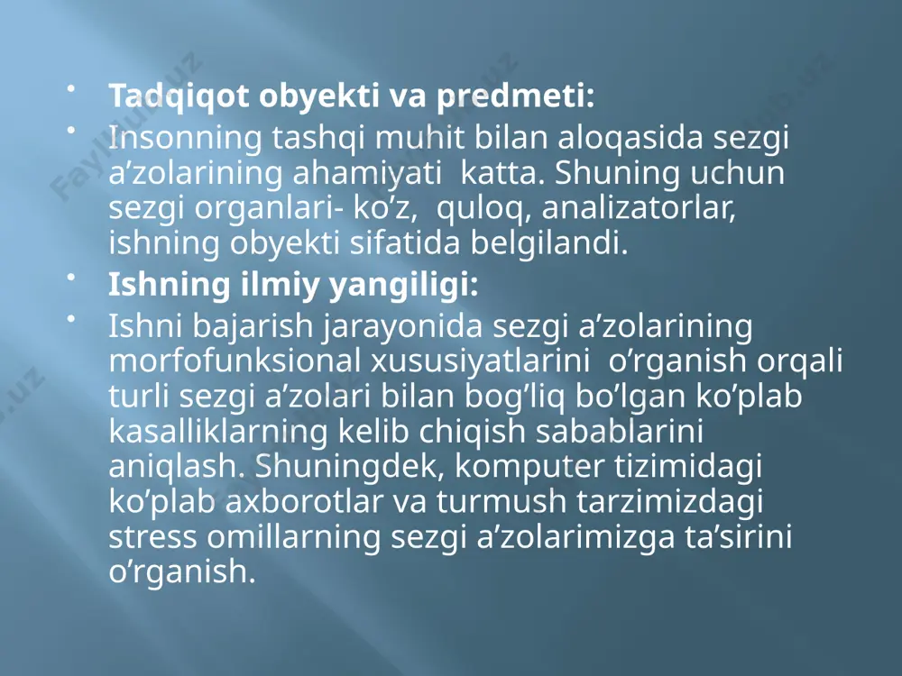 bilan qo’zg’algan neyronlar sonining oshishi eshituv analizatori neyronlari qo’zg’aluvchanligining bir-birovidan keskin farq qilishi bilan bog’lik. t o v u sh s e z g i l a r i . odam qulog’i chastotasi 16 dan 20000 gts gacha bo’lgan to’lqinlar tebranishlarini qabul qiladi,bu diapazon 10-11 oktavaga mosdir. 16 gts dan pasti infratovushni va 20000gts dan yuqorisi ultratovushni odam eshitmaydi. bolalar 22000 gts chastotali tovushni xam eshita oladi. vestibulyar analizator va uning mohiyati nosiseptiv sezuvchanlik va uning mohiyati og’riq retseptorlari. og’riq retseptorlarining boshqa retseptorlarda farqi shundaki, ularni adekvat tasirlovchisi yo’h. og’riq yoki notsiotseptiv sezgini o’ta kuchli ta'sirotlarining hammasi paydo qilishi mumkin. haddan tashqari kuchli ta’surotlar to’qimalarni shikastlaydi, ular paydo qilgan ogriq xavf-xatardan darak. berib himoya reflekslarini vujudga keltiradi, organizmni shikalstlovchi ta`sirotdan saqlaydi. og’riq ko’pgina kasalliklarning dastlabki belgisi bo’lib,kasallikni aniqlashdaa va davolashda shifokorga katta yordam beradi. visseral analizator va uning mohiyati ichki a`zolar faoliyatida va ichki muhitda haar qanday turli o’zgarishlar sodir …
