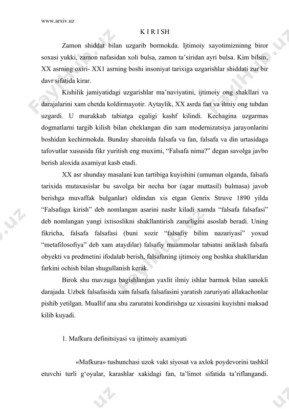 turli g‘oyalar, karashlar xakidagi fan, ta’limot sifatida ta’riflangandi. keyingi ikki asr davomida faylasuf-lar ushbu tushunchani ma’naviy ishlab chikarish shakllari orasi-dagi uzaro alokadorlik mexanizmini xarakterlovchi turli g‘oyalar, karashlarning bir butun, yaxlit sistemasi sifatida talkin eta boshladilar. xullas, «mafkura – falsafiy tushuncha bulib, insoniyat akl-zavokati, faxm-farosati tufayli vujudga kelgan turli g‘oyalarning yig‘indisi, uning ma’lum bir sistemasidir. mafkura jamiyat ustkurmasining eng muxim kismi bulib, siyosiy, xukukiy, axlokiy, falsafiy, diniy, estetik va boshka karashlar-ning tuplamidir».1 shuningdek, mafkura jamiyatda yuz berayotgan ijtimoiy-iktisodiy, siyosiy va ma’naviy-madaniy jarayonlar-ning indikatori, jamiyat axlokiy xolati, ijtimoiy-siyosiy re-surslari va kelajakdagi imkoniyatlarining kursatkichidir. mafkura xar kanday kishilik jamiyatining atributiv xos-sasidir. chunki u kishilarning nafakat moddiy, balki ma’naviy xayotida xam, nafakat jamiyatning, balki individning xulk-at-vori va xatti-xarakatlarida xam uz ifodasini topadi. bir suz bilan aytganda, mafkura inson xayotiga ijtimoiy mazmun baxsh etadi. shuning uchun xam prezident i.a.karimov: «mafkura bulmasa odam, jamiyat, davlat uz yulini yukotishi mukarrar»,-deb ta’kidlagan edi.1 shuni xam aytib utish lozimki, …