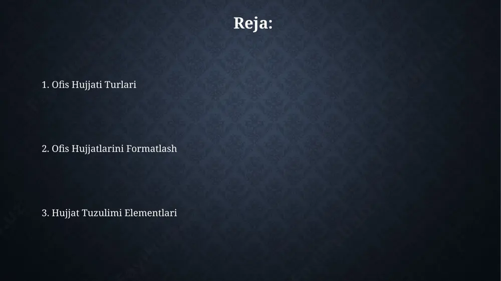 tirishda yordam beradi. hujjat hajmi, uning murakkabligi va maqsadiga qarab, 3 dan 10 gacha bo'limga ega bo'lishi mumkin, har bir bo'lim o'z ichiga tegishli sub-bo'limlarni oladi. matn formatlash vositalari matn formatlash vositalari orasida 12 dan ortiq turli xil shriftlar, 3 ta asosiy shrift o'lchamlari (kichik, o'rta, katta) va 7 xil rang sxemalari mavjud bo'lib, ular hujjatning tashqi ko'rinishini yaxshilash imkonini beradi. paragraflarni formatlash uchun 1.5 dan 3 gacha bo'lgan qator oralig'ini, chap, o'ng yoki markazlashtirilgan joylashuvni tanlash imkoniyati mavjud bo'lib, bu matnning o'qilishiga ta'sir qiladi. shakl va grafik elementlar diagramma va jadvallar kabi grafik elementlar murakkab ma'lumotlarni 3-5 marta tezroq idrok etish imkonini beradi, bu esa hujjatning samaradorligini oshiradi va o'quvchilar uchun tushunarliroq bo'ladi. shakl va grafik elementlar hujjatning tushunarliligini 20-30% ga oshirib, matnni vizual ravishda boyitadi va asosiy fikrlarni ta'kidlashga yordam beradi, ularning turi va hajmi ma'lumotlarning xususiyatlariga bog'liq. e'tiboringiz uchun rahmat @taqdimot_robot image2.jpg image3.jpg image4.jpg image5.jpg image6.jpg image7.jpg …