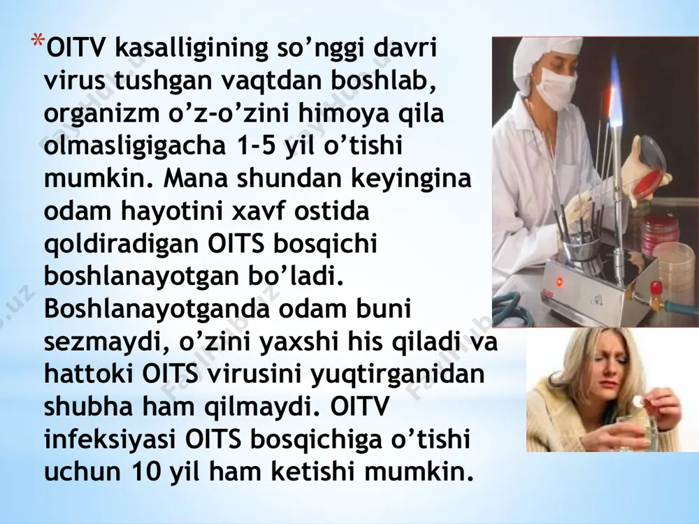 unali xulq-atvor! axloq-odob qoidalariga rioya etish; zararli odatlarga berilmaslik; oilani, oilaviy munosabatlarni qadrlash; faqat sterillangan asboblardan, yangi 1 martalik shpris, sistemalardan foydalanish; qon quydirishda donor qonni oitsga tekshirtirish. oits nafaqat shifokorlar va sog’liqni saqlash xodimlari muammosi, balki ko’pgina soha olimlari, davlat arboblari, iqtisodchilar, yuristlar va sotsiologlar muammosi hamdir. har bir inson o’zi va atrofdagilar uchun ham oits tarqalishining oldini olish maqsadida bu kasallik haqida bilishi hamda ehtiyotkorlik choralarini qollashi lozim. hozirgi kunda respublikamizda oits ga qarshi kurashish maqsadida 15 ta oits markazlari, 100 dan ortiq diagnostika laboratoriyalari, 220 dan ortiq “ishonch xona”lari faoliyat ko’rsatmoqda. har bir inson yoshi, jinsi, yashash joyi, ijtimoiy kelib chiqishi yoki boshqa xususiyat va omillaridan qat’iy nazar oits virusini yuqtirishi mumkin. bularning barchasi insonning o’ziga, xulqiga bog’liq! e’tiboringiz uchun rahmat! image1.png image2.jpeg image3.png image4.png image5.jpeg image6.jpeg image7.jpeg image8.jpeg image9.jpeg image10.png image11.jpeg image12.png image13.jpeg image14.jpeg image15.png image16.jpeg image17.jpeg image18.jpeg image19.jpeg image20.jpeg image21.png image22.jpeg image23.jpeg image24.jpeg image25.jpeg image26.jpeg …
