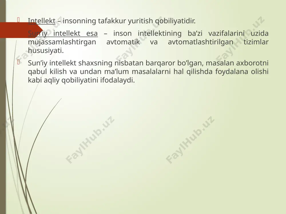 yilgan masalani echish; -murakkab jarayonlarni boshqarishni avtomatlashtirish; yuqori malakali mutaxassislar bilimini modellashtirish hamda yanada oshirish va boshqalar. ekspert tizimlaridan quyidagi masalalarni echishda foydalanish mumkin. -oldindan aytib berish ya’ni ob’ektni kuzatilayotgan holatini tahlil kilib, natijasini aniqlash; -tashxizlash ya’ni ob’ektni nosozligini (kasalligini) aniqlash; -loyihalashdan berilgan ko’rsatkichlar asosida va qo’yilgan cheklanishlarni hisobga olgan holda biron bir ob’ektni loyihalash; -rejalashtirish-ob’ektning holatini yaxshilash uchun kilinishi kerak bo’lgan operatsiyalarning ketma-ketligini aniqlash; -kuzatish-ob’ekt holatini kuzatib borish va normadagi holat bilan solishtirib borish; -boshqarish-ob’ektga ta’sir kilish va boshqalar. ekspert tizimlarini yaratish quyidagi boshkichlardan iborat buladi. 1.identifikastiyalash bosqichi; -ekspert tizimlarini yaratishda qatnashadigan mutaxassislar aniqlab olinadi hamda ekspertlar va injenerlar guruxi vazifalari belgilanadi va echiladigan masalalarning umumlashgan loyihasi aniqlab olinadi 2.konsepsiyalash bosqichi. -bu bosqichda ekspertlar va injenerlar ob’ektga ta’luqli ma’lumotlarni aniqlaydi, tekshirilayotgan ob’ektga ta’luqli terminlarni aniqlab oladi va xokoza; 3.formatizatsiya bosqichi. -bu bosqichda injener tanlagan axborotni ma’lum bir shaklda tasvirlaydi, tekshirilayotgan ob’ektni modelini yaratadi; 4.amalga oshirish bosqichi. -bu bosqichda injener …