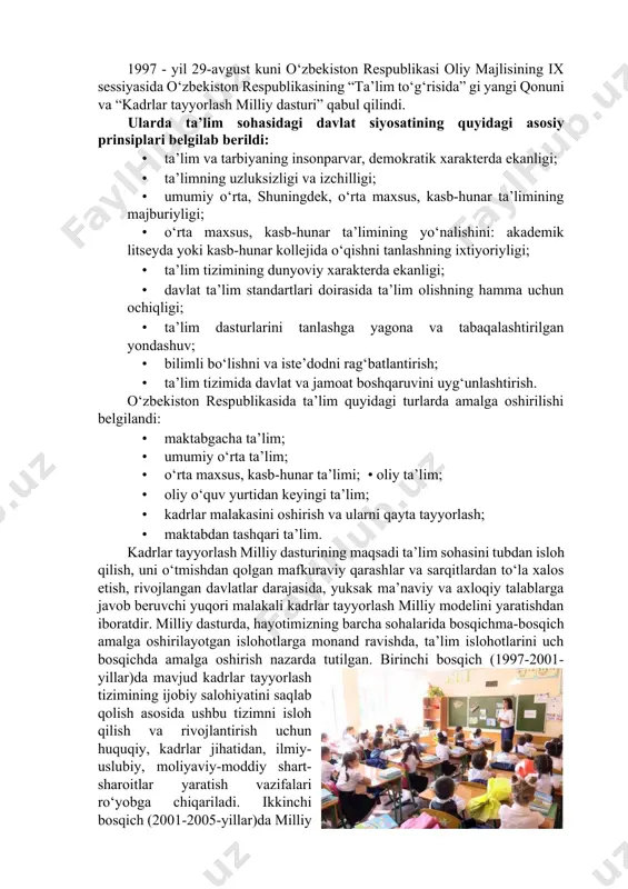 y, taraqqiy topgan davlatlar darajasidan ancha orqada edi. shu boisdan ta’lim tizimini tubdan isloh qilish masalasi ko‘ndalang bo‘lib qoldi. prezident islom karimov tashabbusi bilan ta’limni tubdan isloh qilish yo‘llari ishlab chiqildi. islom karimov 1997-yil 29-avgustda oliy majlisning ix sessiyasida “barkamol avlod – o‘zbekiston taraqqiyotining poydevori” mavzusida ma’ruza qildi. ma’ruzada oldimizga qo‘ygan buyuk maqsadlarimizni ro‘yobga chiqarish taqdiri, avvalambor, zamon talablariga javob beradigan yuqori malakali, ongli mutaxassis kadrlar tayyorlash muammosi bilan chambarchas bog‘liq ekanligi asoslab berildi va quyidagi vazifalar ilgari surildi: –eski sovet davridan qolgan ta’lim-tarbiya tizimiga xos mafkuraviy qarashlardan, sarqitlardan qutulish; –milliy ta’lim-tarbiya tizimini takomillashtirish, uning milliy zaminini mustahkamlash, jahon andozalari darajasiga ko‘tarish; –uzluksiz ta’lim tizimini tashkil qilish; –ta’lim muassasalarining moddiy bazasini zamon talablari darajasiga ko‘tarish; –bolalarimizga zamonaviy bilim berish, buning uchun, avvalo, o‘qituvchimurabbiylar bilimining saviyasini ko‘tarish; –zamonaviy o‘quv dasturlari, darsliklar yaratish; –xorijiy tillarni o‘rganish va o‘rgatishga katta ahamiyat berish; –bitiruvchilarni emas, maktab ta’limi va tarbiyasini ko‘rgan shaxslarni tayyorlash; –o‘quvchilarda mustaqil …