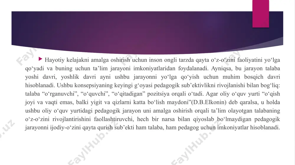 ali egallash imkonini beradi; ­ o‘qiyotganlarni akademik va kasbiy yo‘naltirishga rag‘batlantiradi; ­ o‘z-o‘zini anglash, uning qimmatli yo‘nalishlarini va hayot tarzini belgilash asosida shaxs rivojlanishi uchun imkoniyatlar yaratib beradi. o‘qitish jarayonida innovatsion uslublarni ishlab chiqish va joriy etishning tashkiliy jihatlari. ma’lumki, didaktikaning predmetini o‘rgatish, o‘rganish ta’lim mazmunini tashkil qiladi. bunda ishtirok etayotgan uchta komponent bir-birlari bilan shunday uzviy aloqadaki, ulardan birini e’tibordan chetda qoldirish mumkin emas. xo‘sh, nimani nimadan boshlash kerak? ishni o‘rganish yoki o‘rgatishdan boshlasak, tabiiy ravishda savol tug‘iladi: nimani (qanday mazmundagi o‘quv materialini) o‘rganmoqchisiz yoki o‘rgatmoqchisiz? o‘rgatish ham, o‘rganish ham asosiy maqsadga yo‘naltirilgan ta’lim ob’ekti va oxirgi natija mahsuli bo‘lmish ta’lim mazmuniga bog‘liq. har xil mazmun uni o‘zlashtirishning o‘ziga xos usullari bilan farq qilganligi uchun o‘rganishning qanday bo‘lishi uning mazmuniga bog‘liq, bu esa o‘rganishni tashkil etuvchi o‘rgatuvchiga bog‘liq. shunday qilib, didaktik tafakkur - bu o‘rganish, o‘rgatish va ta’lim mazmunining doimiy aloqalari, munosabatlarini izlash, aniqlash demakdir. ta’limni boshqarish tizimida tashkil …