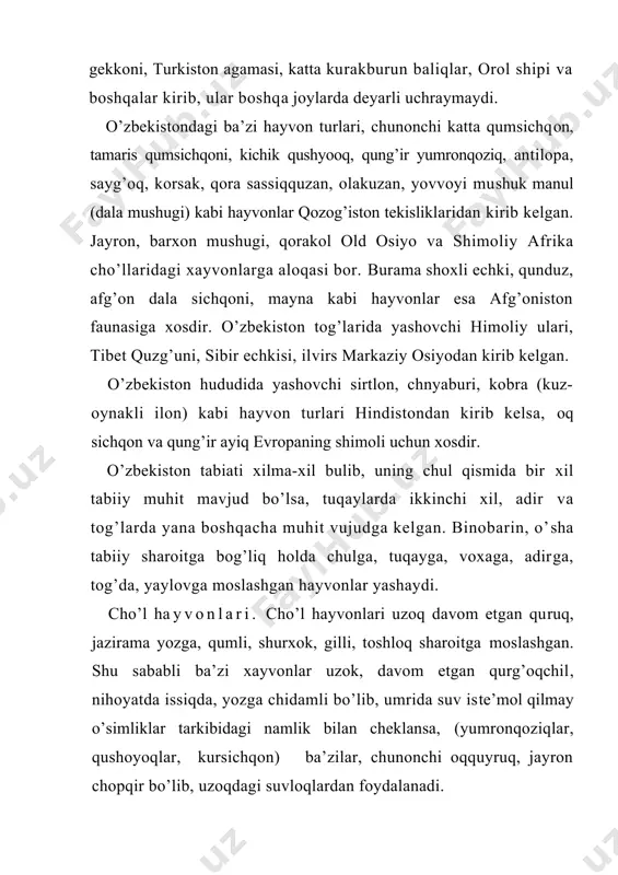 ri vа tаrаqqiyot kаfоlаtlаri. t., 1997. 4. qurbоniyozоv g. o’zbеkistоn gеоgrаfiyasi. t., 1997. 5. o’zbеkistоn qizil kitоbi 1996 yil 6. o’zbеkistоn rеspublikаsi «yer kоdеksi», «dаvlаt yеr kаdаstri» to’g’risidа qоnun. t:, «аdоlаt», 1998. 7. bаrаtоv p. o’zbеkistоn tаbiiy gеоgrаfiyasi 8. аbdullаеv х. а. o’zbеkistоn tuprоqlаri. t:, 1973. 9. bаbushkin а. n., kоgаy n. а. fizikо-gеоgrаfichеskiе rаyоnirоvаniе srеdnеy аzii. tr. tаshgu, - vip.307. t. 1967. 10. chеtirkin v. m. srеdnyaya аziya. оpit kоmplеksnоy gеоgrаfichеskоy хаrаktеristiki i rаyоnirоvаniya. tаshkеnt, 1960. 11. bаbаеv а. g. istоrikо-gеоgrаfichеskiy аnаliz dinаmiki gеоsistеm pustin. prоblеmi оsvоеniya pustin, 1986, №5. 12. bаbushkin l. n., kоgаy n. а. fizikо-gеоgrаfichеskоy rаyоnirоvаniе uzbеkskоy ssr. trudi tаshgu, vip.231. – tаshkеnt, 1964. 13. tuхtаеvа х. t. ma’ruza matni 14. www.ziyonet.uz