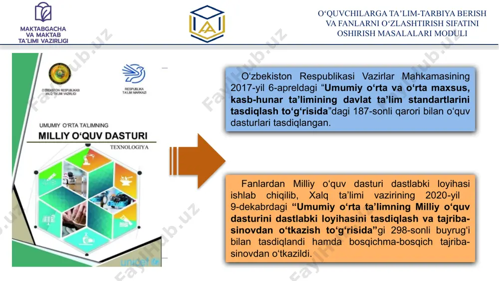 biy ta’lim ustasi” lavozimi joriy qilinadi; o‘quvchilar quyidagi yo‘nalishlarning biri bo‘yicha kasb-hunar va tadbirkorlik ko‘nikmalariga o‘qitiladi: 2024-yil 2-fevral, pq-53-son umumiy o‘rta ta’lim muassasalari o‘quvchilarini xorijiy til va zamonaviy kasblarga o‘qitish bo‘yicha qo‘shimcha chora-tadbirlar to‘g‘risida “biznes va kasb-hunarga o‘qitish” yo‘nalishi doirasida: birinchi yo‘nalish — tadbirkorlik subyektlari va hunarmandlarni umumiy o‘rta ta’lim muassasalariga jalb qilish orqali o‘quvchilarni ishchi kasblarga o‘qitish; ikkinchi yo‘nalish — umumiy o‘rta ta’lim muassasalarida tashkil etiladigan kurslarda o‘quvchilarni axborot texnologiyalariga oid zamonaviy kasblarga o‘qitish; umumiy o‘rta ta’lim muassasalarining bo‘sh binolarini “20 ming tadbirkor – 500 ming malakali mutaxassis” dasturi ishtirokchilariga amaliy monomarkazni tashkil qilish va keyinchalik o‘quvchilarni kasb-hunarga o‘qitish uchun to‘g‘ridan-to‘g‘ri shartnoma asosida tekin foydalanishga berishga ruxsat etiladi; oʻquvchilarga taʼlim-tarbiya berish va fanlarni oʻzlashtirish sifatini oshirish masalalari moduli 2020-yil 15-may, vm 287-son o‘zbekiston respublikasida kasbiy malakalar, bilim va ko‘nikmalarni rivojlantirish milliy tizimi faoliyatini tashkil etish choralari to‘g‘risida o‘zbekiston respublikasi milliy malakalar ramkasi malaka darajasi bilimlar (professional faoliyatning ilmiy sig‘imliligi) …