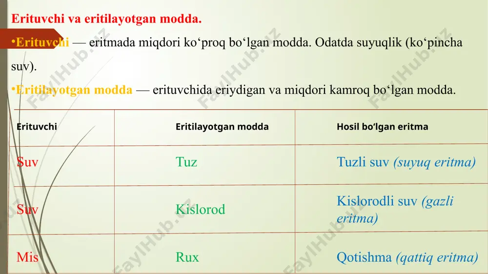 larni zararlanishdan himoya qilishda ishlatiladi. xulosa: eritmalar va ularning kolligativ xossalari eritmadagi zarrachalar soniga bog‘liq bo‘lib, bu xossalar eritmadagi moddaning miqdoriga qarab o‘zgaradi. kolligativ xossalar quyidagi to‘rt asosiy xossani o‘z ichiga oladi: bug‘ bosimining kamayishi, qaynash haroratining oshishi, muzlash haroratining pasayishi, osmotik bosim. bu xossalar tibbiyotda, oziq-ovqat sanoatida, ekologik tizimlarda va atrof-muhitni himoya qilishda qo‘llaniladi. kolligativ xossalar orqali moddalarning fizik xususiyatlarini boshqarish va turli jarayonlarni optimallashtirish mumkin. image1.jpeg image2.png image3.png image4.jpeg image5.png image6.jpeg image7.jpeg image8.jpeg image9.jpeg image10.jpeg /docprops/thumbnail.jpeg