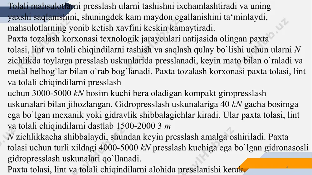 noatida qo`llanayotgan mexanik shibbalagichlar oddiy va foydalanishda ishonchli bo`lib, porshenning oxirgi yurishida erishadigan shibbalash kuchi 30-40 kn ni tashkil qiladi. b-374a va d-8237 presslarning mexanik shibbalagichi stanina, shibbalash qutisi, porshen, yo`naltiruvchi roliklar, barmoqli tsevkali reyka, cheklagichlar –porshenning bosish amortizatoriniki, tishli g`ildiraklar, tsevkali reyka bo`yicha dumalovchi, tebranuvchi reduktor, uning amortizatori va qopqog`i, elektro magnitli tormoz, shkivlar, tasmali uzatma va elektordvigatellardan tarkib topgan. © presentationgo.com by: .com 9 mexanik shibbalagich ishlash jarayonida detal va uzellarida nuqsonlar paydo bo`ladi, ularni aniqlash shibbalagichni quyidagi ketma-ketlikda qismlarga ajratiladi: yuritma va ponasimon tasmali uzatma, elektrodvigatel to`sqichlari bo`shatiladi va yechib olinadi; tebranuvchi reduktor bo`shatiladi va yuk ko`tarish vositalari yordamida yechib olinadi. porshenni ajratishdan oldin shibbalovchi plita yechiladi, buning uchun porshenni demontaj qilish qulay bo`lishi maqsadida uni pastki holatiga keltiriladi, keyin shibbalagich korpusidan porshenni chiqarib olinadi. © presentationgo.com by: .com 10  tsevkali reyka barmoqlarining, porshen yurishini yuqorigi va pastki cheklagichlarining, amortizator prujinasining va boltli birikmalarining yeyilishi;  …