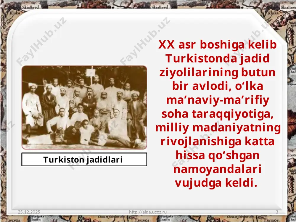 ar. 25.08.2020 http://aida.ucoz.ru 13 boborahim mashrab turkiston taraqqiyparvar sarmoyadorlari yoshlarni chet ellarga yuborib, zarur kasblarni egallab, xalqqa foydali xizmat qiladigan yoshlarni va ular uchun qayg‘urgan jadidlarni qo‘llab-quvvatladilar 25.08.2020 http://aida.ucoz.ru 14 andijonlik mirkomil mirmo‘minboyev o‘z hisobidan ana shu ishga katta miqdorda mablag‘ ajratgan. 1910-yilda buxoroda mudarris hoji rafiy, mirza ab-duvohid, hamidxo‘ja mehriy, usmonxo‘ja va muhammaddin maxdum kabilar «tarbiyai atfol» («bolalar tarbiyasi») jamiyatini tashkil qilib, 1911-yilda 15 nafar, 1912-yilda esa 30 nafar talabani turkiyaga o‘qishga yuborganlar. 25.08.2020 http://aida.ucoz.ru 15 «tarbiyai atfol» jamiyati a’zolari mirkomil mirmo‘minboyev (o‘ngda) tijoratchi do‘sti bilan image2.jpeg image3.jpeg image4.jpg image5.jpeg image6.jpeg image7.jpg image8.jpeg image9.jpg image10.jpeg image11.jpeg image12.jpeg image13.jpeg image14.jpg image15.jpeg image16.jpeg image17.jpeg image1.jpeg