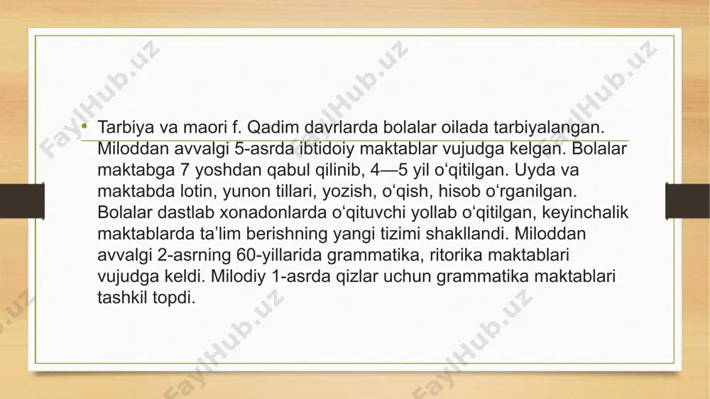 dabiyoti yodgorliklari juda ham kam. miloddan avvalgi 1-asrda aristotel asarlariga sharxlar yaratilgan. 1-asr oxirlarida astronomiya va matematikaga qiziqish ortgan. ptolemeyning mashhur „almagest“ asarida (2-asr) olamning geotsentrik sistemasi bayon etildi. sharqda astrologiya keng tarqalgan. diafantning „arifmetika“ (taxminan 3-asr), 3—4-asrlarda papp aleksandriyskiyning „matematika toʻplami“ asarlari mashhur boʻlgan. ilmiytexnika adabiyotlari, asosan, qishloq xoʻjaligi, veterinariya, harbiy texnikaga bagishlandi. miloddan avvalgi 1-asr oxirida vitruviyning „arxitektura haqida 10 kitob“ asari shuhrat qozondi. harbiy texnika sohasidagi boy tajriba: lager va qalʼalar qurish masalalari adabiyotlarda yoritildi. tibbiyot bilan bogʻliq ravishda botanika rivoj topdi. dioskoridning 600 dorivor oʻsimlik haqidagi bayoni oʻrta asrlarda ham keng foydalaniddi. vrach, anatom, fiziolog galen butun yevropada tibbiyot rivojida katta rol oʻynadi. ilmiy adabiyotlar qiziqarli qilib badiiy yozilganligi bilan ham diqqatga sazovor. r. davlatining hududiy oʻsishi miloddan avvalgi 3—1-asrlarda geogr. bilimlari taraqqiyotiga imkon berdi. imperator avgust davrida jahonning katta geografik haritasi ishlandi. miloddan avvalgi 37 yilda 1jamoatkutubxonasi tashkil qilindi, imperiyaning oxirgi asrida ularning soni 28 …