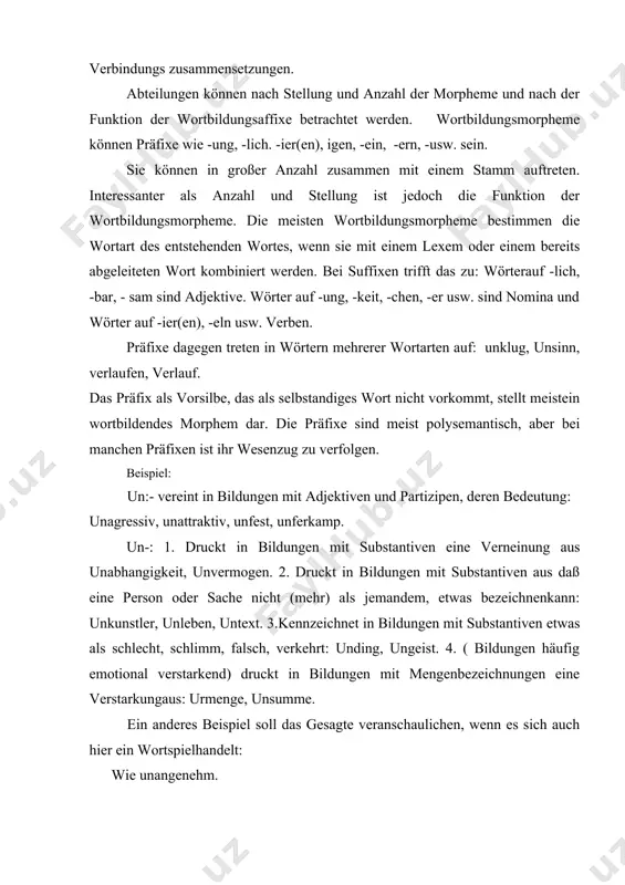 itte unfrieden, unfug. ’’wer nennt mir noch ein beispiel?’’. da steht reiner auf und ruft:’’unterricht !’’ in sprachgeschichtlicher analyse kann man bei den präfixen be-, ent -, ver-, zer-, zeigen daß sie eindeitig zu verben ableiten und daß nomina, in denen sie in vorderster position erscheinen, deverbativa sind. häufig haben die wortbildungsmorpheme außerdem oder ausschließlich eine semantische inhalte in das neugebildete wort ein. die suffixe –chen , -lein . z.b. geben dem im lexem eines wortes angesprochen referenten, d.h. dem aussersprachlichen objekt ( dem ding, der sache, der erscheinung) das semantische merkmal ’’vom kleiner gestalt’’ hinzu (in einer reihe von bildungen meistens deadjektiva, zeigt –chen eine koseform an, -lein eine verniedlichung (verharmlosung), liebchen, dummchen,kindlein, jesulein ). das präfix in- bedeutet (wie oben gezeigt) auf ein negatives gegenteil des im lexem ausgedrückten sachverhaltes hin. usw. man hat demnach bei wortbildungsmorphemen zwischen grammatischer und semantischer funktion zu unterscheiden. daraus ergeben sich folgende …