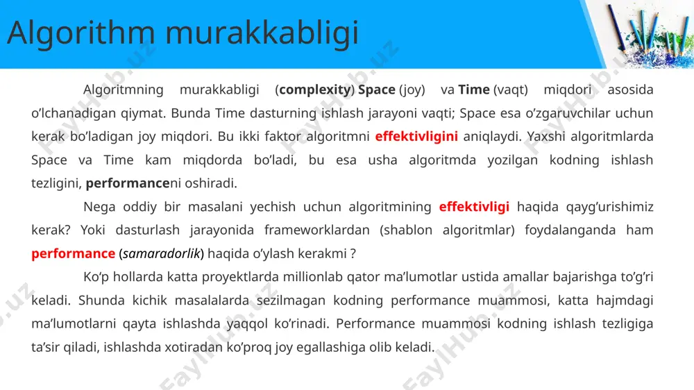 . biz aytib o’tgan urinishlar sonini aniqlashda ko’pincha best case va worst case hisoblanadi. linear searchda va binary search’da best case 1 ga teng. best case’ning yana bir nomi lower bound. worst case’niki – upper bound. best case(lower bound): – linear search – θ(1) – binary search – θ(1) worst case(upper bound): – linear search – θ(n) – binary search – θ(log n) big o termini haqida algoritm complexity’ni aniqlashda ko’pincha upper bound’ni topishga e’tibor beriladi. ana shu upper bound – big o, uni topish – big o ni topish deyiladi. linear search’da ko’rib chiqqanimiz lower bound – 1, upper bound n bo’lsa, big o = n bo’ladi. yozilishi – o(n). big o termini haqida big o belgisi - bu argument ma'lum bir qiymat yoki cheksizlikka moyil bo'lganda funktsiyaning cheklovchi xatti-harakatini tavsiflovchi matematik belgi. big o — pol baxman, edmund landau va boshqalar tomonidan ixtiro qilingan algoritmlarni murakkablik darajasini belgilash …
