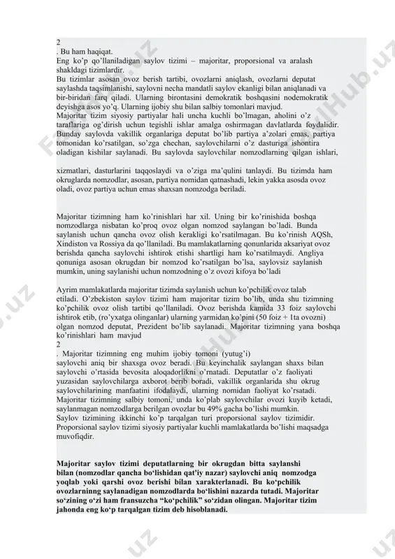 rishlar: - vakillik hokimiyati va fuqarolar nomzod ko’rsatish huquqiga ega sub’ektlar qatoridan chiqarib tashlandi va nomzod ko’rsatishga faqat siyosiy partiyalar (quyi vakillik organlariga, fuqarolarni o’zini-o’zi boshqarish organlari ham) ega bo’ldi; - saylovlarni bo’lib o’tgan deb hisoblash uchun ro’yxatga olinganlarning yarmidan ko’pi emas, 33 foizi qatnashishi еtarli miqdor deb belgilandi; - siyosiy partiyalar nomzod ko’rsatishda nomzodlarning kamida 30 foizi ayollardan iborat bo’lishi belgilandi; - oliy majlis senati tashkil etilishi munosabati bilan saylov tizimiga pog’onali saylov kirib keldi; - qonunchilik palatasida deputatlar soni 150 ta qilib belgilanib, ularning 15 tasi ekoharakatdan ularning anjumanlarida saylanadigan bo’ldi; 59 - siyosiy partiyalar saylovda ishtirok etishi uchun to’planadigan imzolar miqdori oltmish mingdan qirq mingga tushirildi; - saylov uchastkalarida ovoz natijalarini aniqlashda nomzod ko’rsatgan siyosiy partiyalardan bittadan vakolatli vakil ishtirok etishi belgilandi; - qonunchilik palatasi deputatlikka nomzodlarning ishonchli vakillari soni 10 ta qilib belgilandi. o’zbekiston respublikasi saylov tizimining rivojlanishida “mamlakatimizda demokratik islohotlarni yanada chuqurlashtirish va fuqarolik jamiyatini …