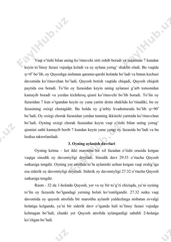 igi siderik davr davomiyligiga ko’ra 7 soniya kichikdir. 4. oyning aylanishlari va libratsiyalari oy yerga hamma vaqt bir tomoni bilan qaraydi, chunki oy o’z o’qi atrofida ham yer atrofida ham bir tomonga qarab bir xil davr bilan buriladi. oyning yulduz sutkasi yerning 27,32 o’rtacha quyosh sutkasiga tengdir. oyning o’qi uning orbita tekisligiga 83(20( ga og’ma bo’lib, 83(10( dan 83(31( gacha o’zgaradi. demak oy ekvatori tekisligi uning orbitasi tekisligi bilan 6(39( burchak hosil qilsa, ekliptika tekisligi bilan 1(30( burchak hosil qiladi. oy sharining sirtini yarmi ko’rinadi, lekin kattaroq vaqt kuzatish natijasida uning yuzini (60% ini kuzatish mumkin. bu librasiya (tebranish) deb ataluvchi hodisa natijasida vujudga keladi. optik librasiya (tebranishga bog’liq bo’lmagan librasiya) uch xil bo’ladi, kenglama, uzunlama va paralaktik librasiyalar. i. uzunlama librasiya oyning o’z o’qi atrofida tekis yer atrofida notekis, perigeliy nuqtasi yaqinida tezroq, afeliy nuqtasi yaqinida esa sekinroq harakat qilganligi tufayli vujudga keladi. oy perigeliy nuqtasidan o’tgandan keyin oyburilish …