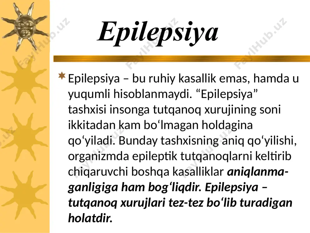 i va chuqur vegetativ buzulishlar bilan davom etsa, unda murakkab absans kuzatiladi kichik epileptik tutqanoqlar идиопатик симптоматик криптоген эпилепсия таснифи бирламчи ёки генуин наслий тавсифга эга болалик, усмирлик ёшларида бошланиб, кам холларда бошка неврологик бузилишлар билан кечади мртда бирон-бир узгаришлар аникланмайди окибати яхши сифатли, даволаниши мумкин идиопатик эпилепсия бош миянинг бирламчи тизимли ва метаболик зарарланиши (тугма аномалия, бош мия усмаси ёки жарохати) асосий касаллик билан боглик неврологик бузилишлар билан бирга кузатилади купинча катта ёшдаги беморларда кузатилади купинча наслий келиб чикишга эга эмас симптоматик эпилепсия 18-40 еш: бош мия травмаси бош мия усмалари сурункали алкоголизм мнс юкумли касалликлари артериовеноз мальформациялар 41- 60 ёш: бош мия усмалари сурункали алкоголизм бош мия травмаси цереброваскуляр бузилишлар 60 ёшдан кейин: церебрал атеросклероз бош миянинг бирламчи усмалари бош миянинг метастатик усмалари асаб тизимининг дегенератив касалликлари симптоматик эпилепсиянинг турли ёшлардаги гурухларда келиб икиш эпилепсиянинг бу шакли, симптоматик эпилепсия тахмин килинган, аммо мнснинг аник бир касаллигини ташхислаш имкони …