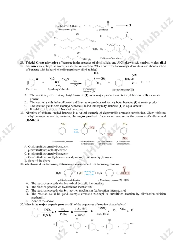 s and aldehydes? a. reduction of aldehydes and ketones in the presence of reducing reagents such as nabh4 gives secondary and primary alcohols, respectively b. reaction of ketones with grignard reagent (rmgbr) in ether gives secondary alcohols c. oxidation of secondary alcohols can be used to prepare aldehydes d. aldehydes can be oxidized with sodium (or potassium) dichromate in acidic medium to form carboxylic acids containing the same number of carbon atoms e. redox reactions do not exist in biological systems (or living cells) 28. wittig reaction is one of the common reactions of aldehydes and ketones. which one of the following compound is the major product of the reaction shown below? 29. friedel-crafts alkylation of benzene in the presence of alkyl halides and alcl3 (lewis acid catalyst) yields alkyl benzene via electrophilic aromatic substitution reaction. which one of the following statements is true about reaction of benzene with isobutyl …