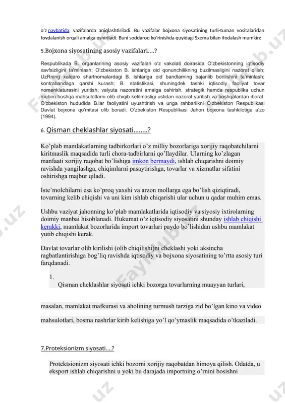 r va savdo yengilliklarini har tamonlama hisobga olish prinsipi. iqtisodiyotning barqarorlashuvi muayyan darajada hozirgi ijtimoiy-siyosiy vaziyatga va qo‘shni mamlakatlardagi iqtisodiy vaziyatga bog‘liqdir. bojxona siyosati, agar u hamkor davlatlarning joriy manfaatlarini hisobga olsa, muayyan murosalarga borsa, o‘z samaradorligini oshiradi. biroq, davlatning milliy havfsizligi, manfaatlari shubha ostiga quyilishi mumkin emas. 5. kamsitmaslik prinsipi. davlat o‘z iqtisodiy manfaatlarini himoya qilish maqsadida bojxona siyosati vositalari orqali, ko‘pincha u yoki bu milliy bozorda chiklash choralaridan foydalanadi. ushbu choralar kamsitmaslik shaklida amalga oshirilishi kerak, yaʼni barcha qatnashuvchi davlatlarga nisbatan o‘tkazilishi, ayrim mamlakatlarga nisbatan tanlab o‘tkazilmasligi zarur. 6. dimokratizm prinsipi. bojxona siyosatini ishlab chiqishda va uni hayotga joriy etishda dimokratizm prinsipi bojxona ishi sohasida fuqarolarning, ho‘jalik subʼektlarining huquqlari himoya qilinishi taʼminlanishi taqozo etadi. bojxona organlari ularga yuklangan vazifalarni bajarishda jamoat tartibini himoya qilish bo‘yicha chora-tadbirlar amalga oshirilishiga, aholining axloqiyligi, inson hayoti va sog‘lig‘i, hayvonlar va o‘simliklar muhofazasi, atrof va tabiiy muhit himoyasi, tashqaridan olib kiriladigan turli sifatsiz …