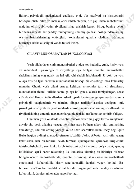 koh oldi omillarining xarakteriga, shu oilalarning yuzaga kelish shart-sharoitlari bilan uzviy bog`liqdir. bular haqida oldingi mavzuda qisman to`xtalib o`tdik. albatta, yosh oila yuzaga kelar ekan, ular bir-birlarini sevib turmush qurishganmi, qarindosh-urug`chilik, tanish-bilishchilik, sovchilik, hisob tufaylimi yoki stereotip bo`yichami, qanday bo`lishidan qat`i nazar nikohning ilk kunlarida ularning bir-birlariga nisbatan bo`lgan o`zaro munosabatlarida, er-xotin o`rtasidagi shaxslararo munosabatlarda emotsional ko`tarinkilik, hissiy rang-baranglik darajasi yuqori bo`ladi. bir-birlarini ma`lum bir muddat sevishib oila qurgan juftlarda bunday emotsional ko`tarinkilik darajasi nihoyatda yuqori bo`ladi. chunki ular bir necha yil kutib, intilib yashagan, visol damlariga nihoyat yetishgan bo`ladilar. bunday juftlar nikohi boshida er-xotin o`rtasidagi shaxslararo munosabatlarda ko`tarinkilik, bir-birlariga emotsional intilish juda yuqori darajada bo`ladi. nafaqat sevishib oila qurganlar, balki deyarli barcha motivlarga ko`ra oila qurgan yoshlarda ham nikohning boshida er-xotin o`zaro munosabatlarida bir-biriga yaqinlik, bir-birini qadrlash, hurmat qilish nisbatan yuqori bo`ladi. ularning bir-birlariga, o`z nikohlariga, o`zlarining bo`lajak oilaviy hayotlari haqidagi niyat, orzu, umidlari ezgu, ijobiy bo`ladi. chunki hech …