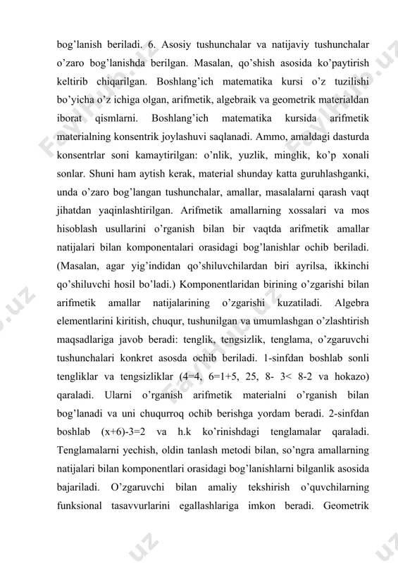 nishni ifodalash uchun matematikada simvollar ishlatiladi. mana shu matematik til rivojlanishi kerak. o’qituvchining vazifasi simvolik tilda ifodalangan matematik fikrni ona tiliga ko’chirishga o’rgatishdan iborat bo’lmog’i kerak. bilishga intilish, mustaqil ishdan qanoat hosil qilish tuyg’ularini tarbiyalashi kerak. matematika fanini o’qitishning o’zi o’quvchilarda diqqat va fikrni to’play bilishni tarbiyalaydi. o’qituvchi quyidagilarni ta’minlashi kerak: a) o’quvchi moddiy olamdagi bog’lanishlarni, miqdorlarning o’zgarishini, birbiri bilan aloqasini anglay olishi; b) o’quvchilarning matematikani o’rganishga astoydil qiziqishini ta’minlash; d) mehnatga, vatanga insonlarga bo’lgan munosabatini tarbiyalash, estetik did hosil qilish; g) o’zbek millatining tarixi, jumladan, matematika o’qitilishi tarixiga bo’lgan dunyoqarashni tarbiyalash; d) o’quvchilarning fikrlash qobiliyatini va matematik madaniyatini tarbiyalash; 3. amaliy maqsad. matematika o’qitishdan kuzatilgan amaliy maqsad – o’quvchilar olgan bilimlarni, amalda qo’llay olishga o’rgatishdan iborat. olingan bilimlarni sonlar va matematik ifodalar, nuqtalar ustida bajariladigan amallarga tatbiq qila bilish, har xil masalalarni yechishda foydalana bilishga o’rgatish. bu bilimlarni kundalik hayotda uchraydigan masalalarni hal qilishga qo’llay bilishga o’rgatishdir. o’qitish metodi …