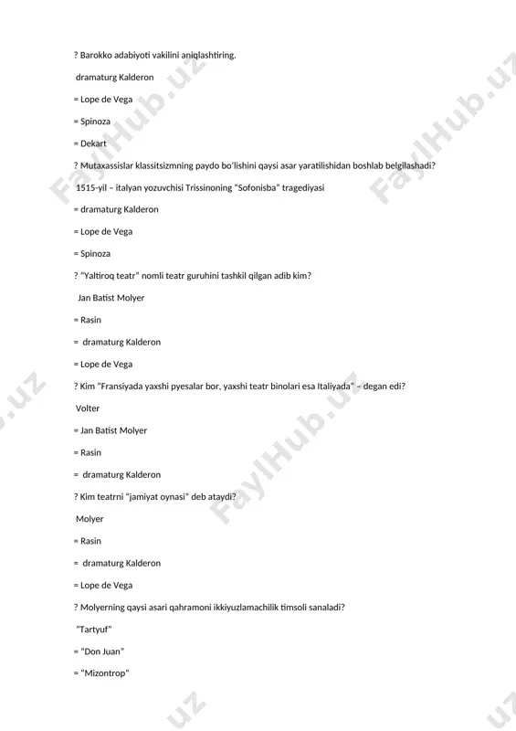 barcha davrida ??d.defoning tarixiy materiallar, guvohlarning esdaliklari asosida yozgan asari? “vabo yili kundaligi” = “moll flenders” = “polkovnik jek” = “robinzon kruzo” ??d.defoning shotlandiyalik matros aleksandr selkirk hayoti asosida yozgan asari qaysi? “robinzon kruzo” = “vabo yili kundaligi” = “moll flenders” = “polkovnik jek” ? ?robinzon yashagan kimsasiz orolni keyinchalik nima deb ataydi? umidsizlik = quvonch = omadsizlik = taqdir charxpalagi ?? 1954yili jahon tinchlik kengashining qaroriga binoan 2400 yilligi nishonlangan yunon dramaturgini toping. aristofan = esxil = sofokl = evripid ?? dastlabki rim shoirlaridan bo‘lgan liviy andronikning asosiy xizmati … “odisseya” dostonining lotin tiliga tarjimasi = saturn vaznini lotin gekzametri bilan almashtirganligi = rim xalqining troyaliklardan tarqalganligi haqidagi rivoyatga birinchi marta badiiy tus berganligi = kontaminatsiya usulidan keng foydalanganligi ?? goratsiy qalamiga mansub bo‘lmagan she’riy to‘plamni toping. georgikalar = epodlar = satiralar = qasidalar ?? vergiliydan bizgacha yetib kelgan 3 ta asar to‘g‘ri ko‘rsatilgan qatorni belgilang. “bukolikalar”, “georgikalar”, “eneida” …