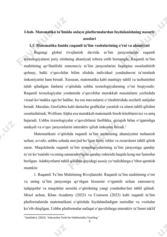 faolligini oshiradi. gamifikatsiya yordamida o‘quvchilar matematikani o‘rganishda qiziqarli raqobatbardosh muhit yaratadilar. 4. interaktiv ta’lim platformalari: raqamli ta’lim vositalaridan foydalanishning yana bir afzalligi interaktiv darslar va mashg‘ulotlarni tashkil qilishdir. raqamli vositalar yordamida o‘quvchilarga matematikaning turli bo‘limlari (algebra, geometriya, analiz) bo‘yicha interaktiv darslar taqdim etiladi. wolfram alpha kabi dasturlar esa o‘quvchilarga murakkab masalalarni hal qilishda ko‘maklashadi va bu ularning o‘zlashtirish darajasini oshiradi. ushbu ishda matematik o‘qitishda raqamli ta’lim muhitining samaradorligini o‘rganish uchun bir nechta metodlar qo‘llanilgan. ushbu metodlar ta’lim jarayonini mukammallashtirish va raqamli texnologiyalarning ta’limga ta’sirini tahlil qilishga qaratilgan. 1. tahliliy usul: tadqiqotda mavjud bo‘lgan ilmiy maqolalar, kitoblar, hisobotlar va raqamli ta’lim platformalarining materiallari tahlil qilindi. bu usul orqali, matematik o‘qitishda raqamli texnologiyalarning o‘rni va ta’limga ta’siri o‘rganildi. masalan, khan academy (2023) va geogebra (2023) platformalaridagi metodologiyalar, ularning o‘quvchilarga ta’lim berishdagi samaradorligi haqida chuqur tahlil o‘tkazildi. 2. eksperimental usul: raqamli ta’lim vositalarining samaradorligini sinovdan o‘tkazish uchun o‘quvchilar bilan eksperimentlar o‘tkazildi. o‘quvchilarga matematik …