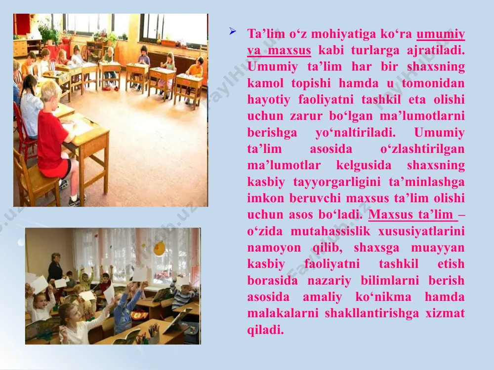 ning muayyan faoliyatni tashkil eta olish qobiliyati. malaka –muayyan harakat yoki faoliyatni bajarishning avtomatlashtirilgan shakli. ma’lumot – ta’lim-tarbiya natijasida o‘zlashtirilgan va tizimlashtirilgan bilim, hosil qilingan ko‘nikma va malakalar hamda tarkib topgan dunyoqarash majmui. rivojlanish shaxsning fiziologik va intellektual o‘sishida namoyon bo‘ladigan miqdor va sifat o‘zgarishlar mohiyatini ifoda etuvchi murakkab jarayon. pedagogika fanlari tizimi. 1. umumiy pedagogika – maktab yoshidagi bolalarni tarbiyalash va ularga ta’lim berish masalalarini o‘rganadi. 2. maktabgacha ta’lim pedagogikasi – maktabgacha ta’lim yoshidagi bolalarni tarbiyalash, ularni intellektual, ma’naviy-axloqiy va jismoniy jihatdan kamolotga etkazish masalalarini o‘rganadi. 3. boshlang‘ich ta’lim pedagogikasi – boshlang‘ich sinflar o‘quvchilarini tarbiyalash, ularga ta’lim berish, ularning o‘ziga hos psixologik hamda fiziologik xususiyatlarini tadqiq etish, shuningdek, ularni intellektual, ma’naviy-axloqiy va jismoniy jihatdan kamolotga etkazish masalalarini o‘rganadi. 4. korrektsion (maxsus) pedagogika – rivojlanishida turli psixologik va fiziologik nuqsonlari bo‘lgan bolalarni tarbiyalash va o‘qitish bilan bog‘liq muammolarni o‘rganadi. pedagogikaning boshqa fanlar bilan aloqasi. 1. falsafa – shaxs rivojlanishi jarayonining …