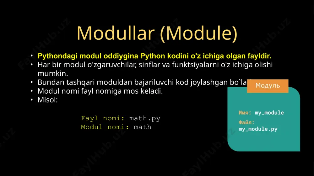 calc.py # modul funktsiyalari def sum_up(a, b): return a + b def sub(a, b): return a - b # bajariladigan qismi print(‘summa: ', sum_up(2, 3)) print(‘farq: ', sub(5, 1)) import calc as calculator print(‘summa: ', calculator.sum_up(2, 3)) print(‘farq: ', calculator.sub(5, 1)) qanday bartaraf etish kerak? qanday bartaraf etish kerak? # calc.py # modul funktsiyalari def sum_up(a, b): return a + b def sub(a, b): return a - b # bajariladigan qismi if __name__ == '__main__': print(‘summa: ', sum_up(2, 3)) print(farq: ', sub(5, 1)) import calc as calculator print(‘summa: ', calculator.sum_up(2, 3)) print(farq: ', calculator.sub(5, 1)) image1.png image2.png image3.png image4.png image5.png image6.png image7.png image8.png image9.png