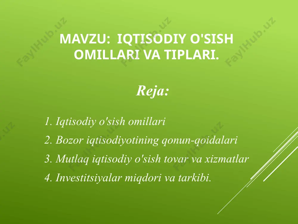 payishini bildirsa, boshqa yerda buni 60 mlrd. dollarga oshganini bildiradi. biroq iqtisodiy o'sish qanchalik jadal kechsa, shunchalik mamlakatning salohiyati ham oshib boradi. turli mamlakatlarning iqtisodiy o'sish ko'rsatkichlari va hozirgi iqtisodiy darajasi mamlakatlar iqtisodiy o'sish davri dastiab -ki jon boshiga real yalm, doll. so'nggi jon boshiga real yalm, doll. iqtisodiy o'sish sur'ati, % hozirgi (2022)jon boshiga real yalm, doll. yaponiya 1890-1990 842 16144 3,00 26070 braziliya 1900-1987 436 3417 2,39 7250 kanada 1870-1990 1330 17070 2,15 28070 germaniya 1870-1990 1223 14288 2,07 26220 aqsh 1870-1990 2244 18258 1,76 35060 xitoy 1870-1990 401 1748 1,71 4390 meksika 1900-1987 649 2667 1,64 8540 buyuk britaniya 1870-1990 2693 13589 1,36 25870 argentina 1900-1987 1284 3302 1,09 9930 indoneziya 1900-1987 499 1200 1,01 2990 pokiston 1900vl987 413 885 0,88 1940 hindiston 1900-1987 378 662 0,65 2570 bangladesh 1900-1987 349 375 0,08 1720 jon boshiga hisoblangan real yalm bu iqtisodiyot ehtiyojini qondirishga naqadar qodir ekanligini bildiradi. …