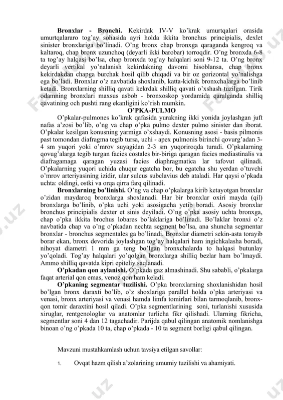 utashgan. cho’michsimon tog’aylar ovoz boylamlariga bevosita aloqadordir, chunki bu tog’ayning oldingi tomonida joylashgan processus vocalis deb ataluvchi o’sig’iga ovoz boylami kelib birikadi. shoxsimon tog’ay - cartilago corniculate uncha katta bo’lmagan juft tog’ay bo’lib, cho’michsimon tog’aylar ustki uchiga mingashgan holda shoxga o’xshab turadi. ponasimon tog’ay - cartilago cuneiformis uzunchoq shakldagi unchalik katta bo’lmagan juft tog’ay bo’lib, plica aryepiglottica bag’rida joylashgan. bu tog’ay ba’zan bo’lmasligi ham mumkin. hiqildoq usti tog’ayi - cartilago epiglottis barg shaklida bo’lib, til orqa tomonidagi hiqildoqqa kirish teshigi ustida joylashgan. uning yuqori (erkin) cheti kengaygan, qalqonsimon tog’ay orqa yuzasiga birikuvchi pastki qismi ingichkalashgandir. ushbu qismga petiolus deyiladi. hiqildoq usti tog’ayida ikkita, chunonchi, tilga qaragan yuza- facies linguae va hiqildoqqa qaragan yuza - facies laryngea tafovut qilinadi. kekirdak kekirdak - trachea hiqildoqning bevosita davomi bo’lib, uzunligi 9-11 sm, diametri 15-18 mm keladigan naydan iboratdir. kekirdak vi bo’yin umurtqasi pastki chetidan v ko’krak umurtqasining yuqori chetiga kelganda, aniqroq aytganda iv …