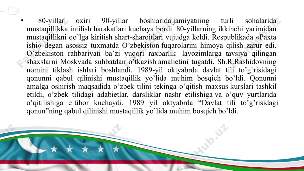 tsiya loyihasi oxirgi marta muhokama etildi. birinchi prezidentimiz sessiyada konstitutsiyani “xalqchil qomus” deb atab, uning loyihasi ustida taxminan ikki yil davomida ishlangani, ikki yarim oy mobaynida umumxalq muhokamasidan o‘tganligi va shu vaqt mobaynida u xalqning fikr xazinasi durdonalari bilan boyitilganini, sayqal topganini ta’kidladi. konstitutsiyaviy komissiya tomonidan 1992-yil 6-dekabrda konstitutsiya loyihasi oxirgi marta muhokama etildi. birinchi prezidentimiz sessiyada konstitutsiyani “xalqchil qomus” deb atab, uning loyihasi ustida taxminan ikki yil davomida ishlangani, ikki yarim oy mobaynida umumxalq muhokamasidan o‘tganligi va shu vaqt mobaynida u xalqning fikr xazinasi durdonalari bilan boyitilganini, sayqal topganini ta’kidladi. © copyright presentationgo.com – the free powerpoint template library 9 respublikamizda zamonaviy yo‘l-transport va muhandislik-kommunikatsiya infratuzilmalari, jumladan, qamchiq tog‘ dovoni orqali o‘tadigan noyob tunnelni o‘z ichiga olgan angren – pop temir yo‘l tarmog‘i, toshguzar – boysun – qumqo‘rg‘on temir yo‘li bunyod etildi. toshkentdan samarqand, buxoro va qarshi shaharlari yo‘nalishlari bo‘yicha yuqori tezlikda harakatlanadigan poyezdlar qatnovi yo‘lga qo‘yildi, xalqaro aeroportlar …