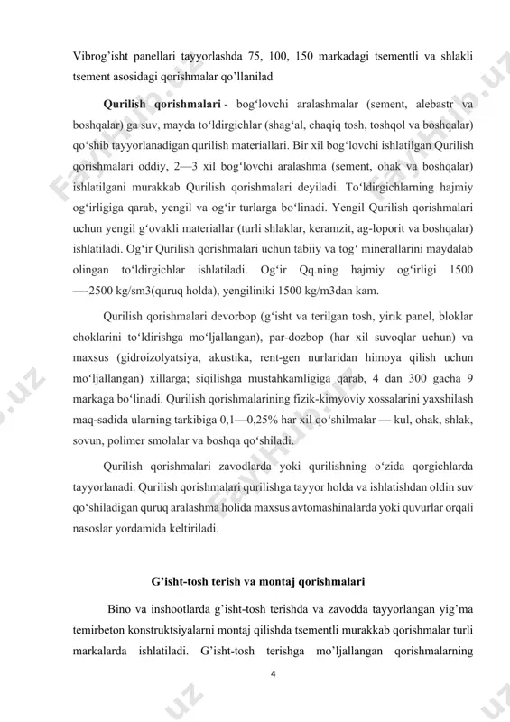 va ishlatishdan oldin suv qoʻshiladigan quruq aralashma holida maxsus avtomashinalarda yoki quvurlar orqali nasoslar yordamida keltiriladi. g’isht-tosh terish va montaj qorishmalari bino va inshootlarda g’isht-tosh terishda va zavodda tayyorlangan yig’ma temirbeton konstruktsiyalarni montaj qilishda tsementli murakkab qorishmalar turli markalarda ishlatiladi. g’isht-tosh terishga mo’ljallangan qorishmalarning h’arakatchanligi ularning ishlatilish soh’asi va yotqizish usuliga qarab quyidagicha bo’ladi: keramik g’isht, beton, tosh va g’ovak tabiiy toshlar terish uchun 9-13sm, kovakli g’isht, keramik toshlar terish uchun 7-8sm, devorlarni beton bloklar va panellardan montaj qilishda gorizontal choklarni to’ldirish uchun 5-7sm, xarsang tosh va bloklarni terish uchun 4-6sm, ular oraliq bo’shlig’ini to’ldirish uchun 13-15 sm. demak, zich materiallar terilsa h’arakatchanligi yuqori qorishmalar ishlatish maqsadga muvofiq bo’ladi. qorishmaning h’arakatchanligini belgilashda teriladigan materiallarning namligini h’am h’isobga olish kerak quruq issiq iqlim sharoitida qorishmaning suvsizlanmasligini taminlash zarur. zavodda tayyorlangan qorishma tashilayotganda va qurilish maydonida vaqtincha saqlanganda suvning bug’lanishini oldini oladigan chora-tadbirlar amalga oshirilishi maqsadga muvofiq bo’ladi. masalan, qorishmani yopiq idishda …