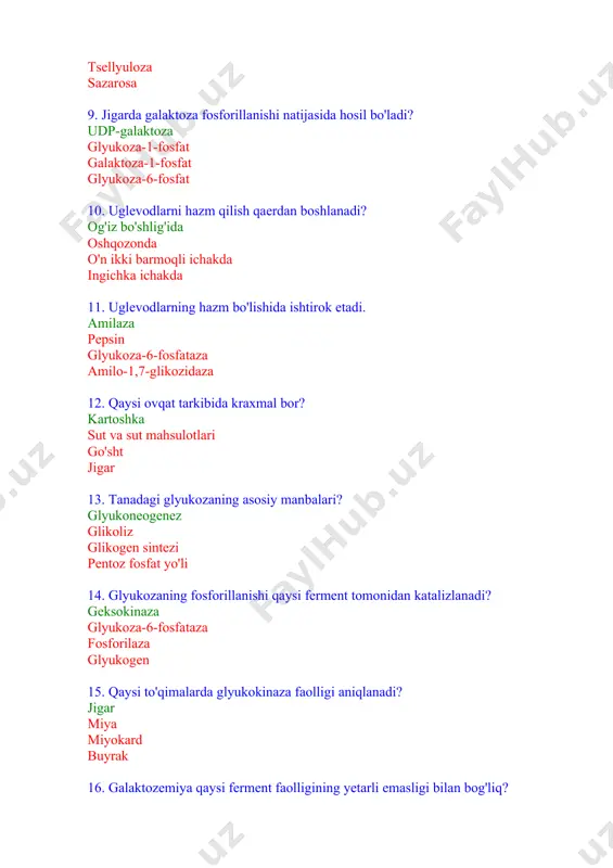 aroza riboza 20. hujayrada anaerob glikoliz qayerda kechadi? sitoplazma yadro mitoxondriya ribosomalar 21. glikolizning qaytarilmaydigan reaktsiyalarini qaysi ferment katalizlaydi? geksokinaza aldolaza fosfosukroz laktat dehidrogenaza 22. anaerob glikolizning ohirgi mahsuloti? laktat piruvat fosfoenolpiruvat asetil-koa