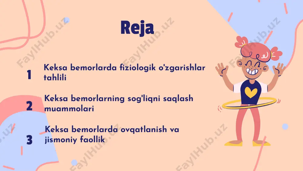 siy usul mavjud: 1. laboratoriya tahlillari - qon va boshqa biologik namunalardan olingan ma'lumotlarni tahlil qilish; 2. klinik ko'rik - shifokor tomonidan bemorning holatini baholash; 3. fiziologik testlar - organizmning fiziologik funktsiyalarini o'lchash va baholash. ushbu usullar bemorlarning sog'liq holatini aniqlashda muhim ahamiyatga ega. har bir usulning ahamiyati laboratoriya tahlillari bemorning ichki holatini aniqlashga yordam beradi, klinik ko'rik esa bemor bilan to'g'ridan-to'g'ri muloqotda bo'lish imkonini beradi. fiziologik testlar esa bemorning organizmiga qo'shimcha ma'lumotlar taqdim etadi. ushbu usullar birgalikda keksa bemorlarning sog'liq holatini yaxshilash uchun zarurdir. keksa bemorlarning sog'liq muammolari o'zgaruvchan fiziologik xususiyatlar keksa bemorlarning organizmida fiziologik o'zgarishlar kuzatiladi. ushbu o'zgarishlar, yosh o'sishi bilan bog'liq ravishda, organizmning turli tizimlarida muammolarni keltirib chiqarishi mumkin. masalan, yurak-qon tomir tizimining ishlashi pasayishi, immunitetning zaiflashishi va mushak massasi kamayishi kabi holatlar keng tarqalgan. yuqori kasallanish darajasi keksa bemorlar orasida kasallanish darajasi yuqori bo'lib, bu ko'plab omillar bilan bog'liq. ular orasida genetik omillar, turmush tarzi va …