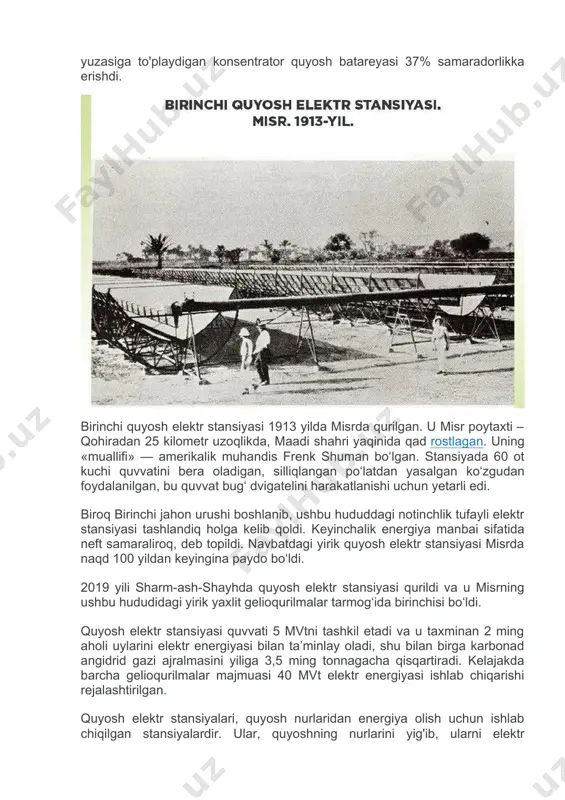 yani qo'llaydilar. bu stansiyalar, quyosh energetikasining bir qismini ishlab chiqadi va boshqa energiya manbalari bilan solishtirishda engishmaydigan bir necha afzalliklarga ega. quyosh elektr stansiyalari quyosh nurlarini ishlab chiqish uchun turli usullar bilan ishlaydilar. bu usullar o'z ichiga quyosh nurlarini fokuslash, oshib ketgan quyosh nurlarini energiyaga aylantirish va olish uchun dizaynlangan energiya olish tizimini o'z ichiga oladi. quyosh elektr stansiyalari turli turlarda bo'lishi mumkin, masalan: 1. **termosifon quyosh elektr stansiyalari:** quyosh nurlarini suv ustida yig'ib, ushbu suvni energiyaga o'tkazish usuli asosida ishlaydigan stansiyalar. 2. **heliostat quyosh elektr stansiyalari:** quyosh nurlarini fokuslash uchun heliostatlar (nurlarni boshqa joyga yo'naltirish uchun me'yori qurilmalar)dan foydalanadigan stansiyalar. 3. **parabolik disk quyosh elektr stansiyalari:** parabolik disk tizimi orqali quyosh nurlarini bir nuqtada fokuslash uchun ishlab chiqilgan stansiyalar. 4. **vaqtinchalik quyosh elektr stansiyalari:** quyosh nurlarini olish va energiya olish jarayonlarini yo'qotish uchun foydalanadigan stansiyalar. quyosh elektr stansiyalari ekologik ravishda sifatli va qandaydir ekologik resurslardan foydalanishga imkon beradi, chunki …