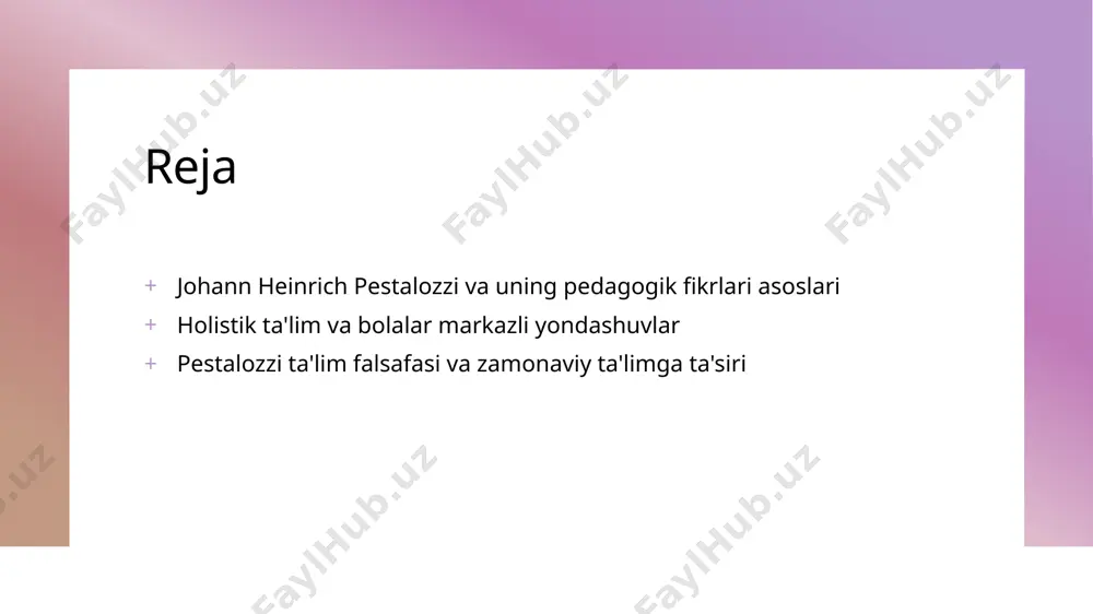 a'lim pestalozzi vizual va amaliy materiallardan foydalanishni targ'ib qildi. bu usul bolalarning tushunishini oshiradi va o'qish jarayonini qiziqarli qiladi. holistik ta'lim tushunchasi va uning rivojlanish tarixiy asoslari holistik ta'lim tushunchasi holistik ta'lim insonning intellektual, emotsional va jismoniy rivojlanishini birgalikda qo'llab-quvvatlashga qaratilgan yondashuvdir. bu yondashuv bolalarning umumiy barkamolligini oshirishga xizmat qiladi. tarixiy rivojlanish bu tushuncha xviii-xix asrlarda pestalozzi va boshqa pedagoglarning ta'lim falsafasidan ilhomlangan. u insonning tabiiy rivojlanish qonunlariga asoslangan pedagogik yondashuvni shakllantiradi. ilg'or metodlar holistik ta'limda interfaol o'qitish metodlari, amaliy mashg'ulotlar va emotsional intilishlar muhim rol o'ynaydi. bu usullar bolalarning shaxsiy va ijtimoiy rivojlanishini mustahkamlaydi. bolalar markazli yondashuvlarning amaliy misollari va o'qitish metodlari 1 innovatsion metodlar - pestalozzi bolalar ta’limida amaliy innovatsiyalarni joriy qilgan. masalan, o‘zaro muloqot va tajriba asosida o‘rgatish usullari keng qo‘llaniladi. 2 bolalar faoliyati - yondashuvda bolalar faolligi muhim o‘rin tutadi. o‘quv jarayonida bolalar o‘z fikrlarini erkin bildirishlari va amaliy ishlar bilan shug‘ullanishi rag‘batlantiriladi. 3 individuallikni qo‘llab-quvvatlash …