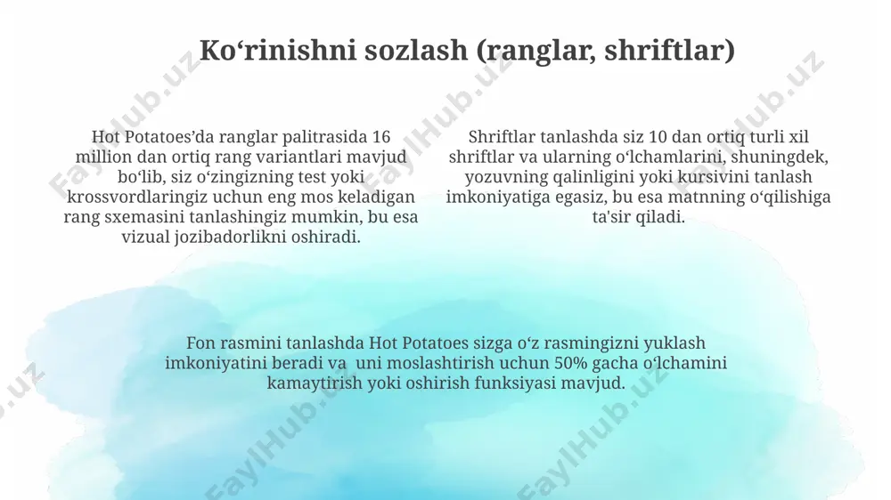 jumboqlarni yaratish imkonini beradi, bu esa o'qituvchilarga o'quv jarayonini diversifikatsiya qilishga yordam beradi. hot potatoes yordamida yaratilgan test va jumboqlar html formatida saqlanadi va internet orqali osongina tarqatiladi, bu esa o'qituvchilarga onlayn ta'limda foydalanishga imkon beradi. qoʻshimcha funksiyalar jigsaw (jumboq) va crossword (krossvord) kabi interaktiv mashqlar yaratish imkoniyati mavjud bo'lib, ular lug'at boyligini oshirishga va yangi so'zlarni o'rganishga yordam beradi. masalan, 50 ta so'zdan iborat krossvord yaratish mumkin. hot potatoes yordamida yaratilgan testlar va krossvordlarni html formatida saqlash mumkin, bu esa ularni internet orqali o'rtoqlashishni o'zlashtirishga imkon beradi va natijalarni avtomatik baholashni ta'minlaydi. hot potatoes dasturiy ta'minoti 6 xil test turidan ortiq - juftlashtirish, to'ldirish, to'g'ri/noto'g'ri, xronologik tartiblash va boshqalarni yaratish imkonini beradi, bu esa o'quv jarayonini xilma-xil qilishga yordam beradi. dastur interfeysi bilan tanishish hot potatoes dasturiy ta'minotida 6 xil test turi, jumladan, to'ldirish, to'g'ri/noto'g'ri, bo'sh joylarni to'ldirish va boshqalarni yaratish imkoniyati mavjud. dastur interfeysi intuitiv bo'lib, yangi foydalanuvchilar …
