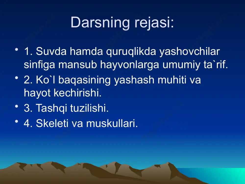 at harakatlangan o`ljanigina poyqaydi. baqa og`zidan uzun yopishqoq tilini chiqarib, o`ljani tili bilan yopishtirib oladi. tashqi tuzilishi.. baqa boshining ikki yoniga bo`rtib chiqqan ko`zlarini yuqoridan va pastdan harakatchan qovoqlar himoya qiladi. qovoqlar ko`zni namlab, uni qurub qolishidan saqlaydi. bir juft burun teshigi ko`zlarining oldida joylashgan. burni hid bilish va havo o`tkazish vazifasini bajaradi. burun bo`shlig`i og`iz bo`shlig`i bilan tutashgan. baqa va boshqa suvda hamda quruqlikda yashovchilar atmosfera havosi bilan nafas oladi. havo burun teshiklari orqali o`pkaga o`tadi. burni va ko`zlari boshining ustki qismida joylashgan. baqa faqat burni va ko`zini suvdan chiqarib, atrofni kuzatib turadi. baqa suv ostiga sho`ng`iganida maxsus klapanlar uning burun teshigini bekitib, nafas yo`liga suv o`tkazmaydi. baqa ko`zining orqa tomonida joylasjgan nog`ora pardasi eshitish organi hisoblanadi. erkak baqalar boshining ikki yonida tovushni kuchaytiradigan kulrang pufaklar-rezonatorlar bo`ladi. baqalar urchish davrida vaqqilagan ovoz chiqaradi. baqa hamma quruqlikda yashovchi hordalilarning ikki juft yurish oyoqlari rivojlangan . oldingi oyoqlari yelka, bilak va …