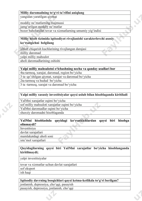 i xarajatlar bo‘yicha hisoblanganda kiritilmaydi; yalpi investitsiyalar tovar va xizmatlar uchun davlat xarajatlari sof eksport ish haqi iqtisodiy davrning bosqichlari qaysi ketma-ketlikda to‘g‘ri berilgan? jonlanish, depressiya, cho‘qqi, pasayish pasayish, depressiya, jonlanish, cho‘qqi cho‘qqi, jonlanish, depressiya, pasayish depressiya, jonlanish, pasayish, cho‘qqi iqtisodiy davr tushunchasiga to`g’ri javobni belgilang; ishlab chiqarish, bandlilik va inflyatsiya darajasining davriy tebranishga iqtisodiy davrlar deyiladi pul, kredit va inflyatsiya darajasining davriy tebranishga iqtisodiy davrlar deyiladi ishlab chiqarish, monetar siyosat va inflyatsiya darajasining davriy tebranishga iqtisodiy davrlar deyiladi ishlab chiqarish, fiskal siyosat va inflyatsiya darajasining davriy tebranishga iqtisodiy davrlar deyiladi iqtisodiy davrlar bir-biridan qanday farqlanadi? bosqichlar bilan o`tish davrining davomiyligi va faolligi bilan o`tish davrining davomiyligi va hukumatning siyosati bilan iqtisodiy davrlar bir-biridan farqlanmaydi ishsizlikning noto‘g‘ri javobini toping; 1 oyda ish topa olmagan va birjada ro’yxatdan o‘tgan kishilar iqtisodiy faol aholining ish bilan band emasligi ishlash xohishi bo‘lmagan kishilar ijtimoiy iqtisodiy hodisa friktsion ishsizlik deganda: ortiqcha ishlab chiqarish natijasida …