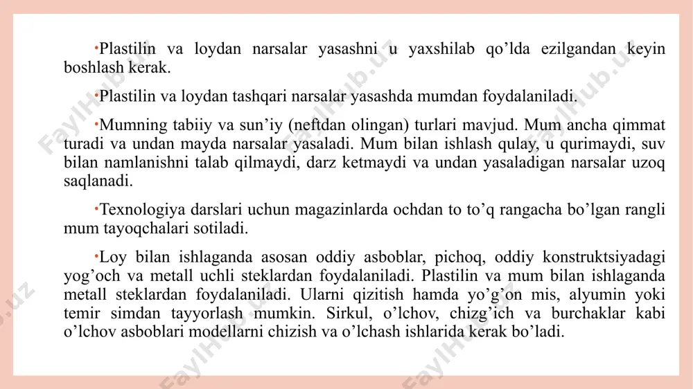 hlik – tasviriy san’at turlaridan biridir. san’atning bu turining xususiyati tasvirni hajmi – formasidir. plastik tasvirlar orasida aylana haykaltoroshlik yolg’iz tur emas. undan tashqari, barel’ef va gorel’ef ham mavjud. rel’ef aylana haykaltoroshlikdan farq qilib, yassi sathda aks etadi. bu haykaltoroshlik formalaridan idish – tovoq sathini, binolarning old tomoni, inter’eri va shu kabilarni bezashda foydalaniladi. loy va plastilin bilan ishlashda kerak bo’ladigan usullar. 1. yumoloqlik – bir parcha loydan shar yasash: unga olcha, olma kabilar shaklini berishdir. 2. bir bo’lak loydan kaftda aylana harakatlar bilan shar yasaladi. 3. shar yasash, so’ngida uzunasiga harakatlar bilan uni tuxum, ustun kabilarga aylantirish. 4. yassilash – sharikdan yassi non yasaladi, qo’lning holati doimo o’zgarib turadi. 5. cho’zish – sharikning bir qismi cho’ziladi. 6. surish (yamash) buyumning ayrim qismlarini o’zaro biriktirish. loy va plastilin bilan ishlash mashg’ulotlarini tashkil etish va o’tkazishda ish joyini bekamu-ko’st jihozlanganligi muhim ahamiyatga egadir. shuni qayd etish lozimki, o‘zbekiston issiq iqlim sharoitida …