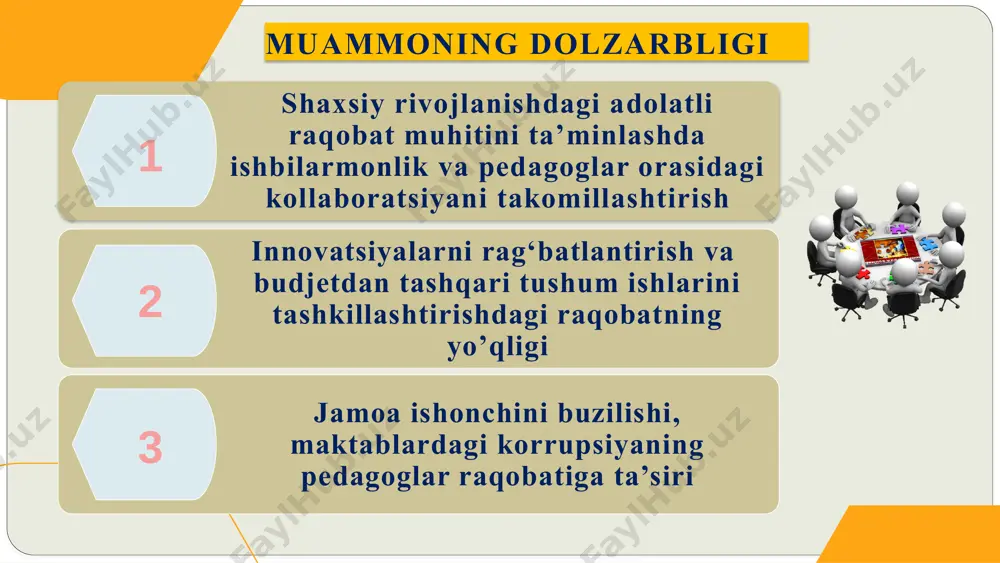 y konfirensiyalar,dekloratsion aloqa va hamkorlikni joriy etish orqali, juda ko‘plab tashkil etilishi kerak bo‘lgan loyiha va dasturlar, konferensiyalar, ta’lim tadqiqotlari, zoom muloqotlarini o‘tkazib innovatsion loyihalarni qo‘llab-quvvatlash, yangi pedagogik texnologiya va loyihalarni amalga oshirish uchun grant dasturlari tashkil etish yo‘li bilan, pedagoglar o‘rtasida sog‘lom raqobatni joriy etish. yaponiya ta’lim tizimi yuqori darajada tartib-intizomga asoslangan. boshqaruv tizimi qat’iy va an’anaviy yo‘lga qo‘yilgan. yuqoridagi asoslarda sog‘lom raqobat vujudga keladi 2 tartib-intizom va an'anaviy yondashuv: yaponiya ta'lim tizimi yuqori darajada tartib-intizomga asoslangan. boshqaruv tizimi qat'iy va an'anaviy yo‘lga qo‘yilgan. yuqoridagi asoslarda soglom raqobat vujudga keladi singapurda o‘qituvchilar uchun raqobat motivatsiyasi sifatida professional o‘sish dasturlari va sertifikatlashtirish tizimi joriy etilgan. yuqori malakaga ega bo‘lgan o‘qituvchilar nafaqat moddiy jihatdan rag‘batlantiriladi, balki lavozim o‘sishi imkoniyatini ham qo‘lga kiritadi​ 3 finlyandiyada maktablari ko‘proq avtonomiyaga ega bo‘lib, boshqaruv tizimi demokratik prinsiplarga asoslanadi. har bir maktab o‘z faoliyatini mustaqil rejalashtiradi va amalga oshiradi. 8 sog‘lom raqobat nafaqat o‘qituvchilarning kasbiy rivojlanishiga, …