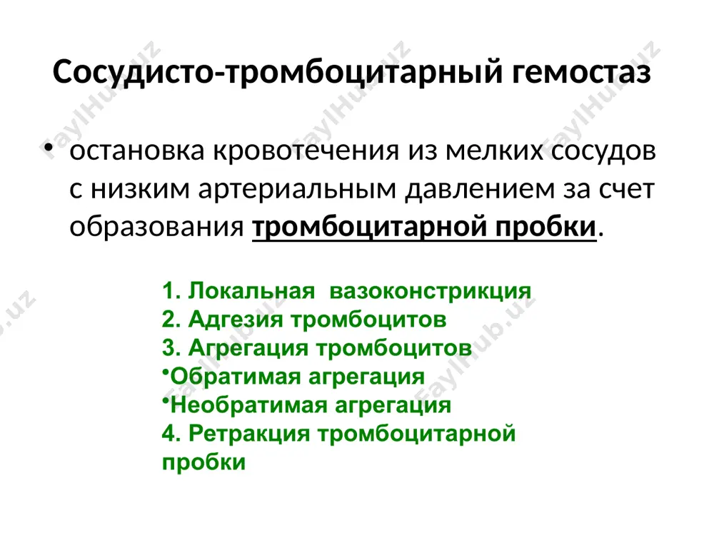 и форменных элементов крови; синтез эндотелиоцитами простациклина; высокая скорость кровотока; наличие в крови антикоагулянтов. антикоагулянты первичные антикоагулянты постоянно находятся в крови: антитромбины (антитромбин iii) + гепарин (кофактор антитромбина iii), антитромбопластины, тромбомодулин, протеин с + протеин s (кофактор протеина с). вторичные антикоагулянты образуются в процессе свертывания крови и фибринолиза: антитромбин i, или фибрин, который адсорбирует и инактивирует тромбин. антитромбин iv, или продукты деградации фибрина, которые нарушают полимеризацию фибрин-мономера, блокируют фибрин-мономер, угнетают агрегацию тромбоцитов. выделяют антикоагулянты: прямого действия (гепарин+антитромбин iii и др.); непрямого действия (блокаторы синтеза витамин-к-зависимых факторов свертывания – ii, vii, ix, x в печени) к факторам, ускоряющим процесс свертывания крови, относятся: 1) тепло, так как свертывание крови является ферментативным процессом; 2) ионы кальция, так как они участвуют во всех фазах гемокоагуляции; 3) соприкосновение крови с шероховатой поверхностью (поражение сосудов атеросклерозом, сосудистые швы в хирургии); 4) механические воздействия (давление, раздробление тканей, встряхивание емкостей с кровью, так как это приводит к разрушению …
