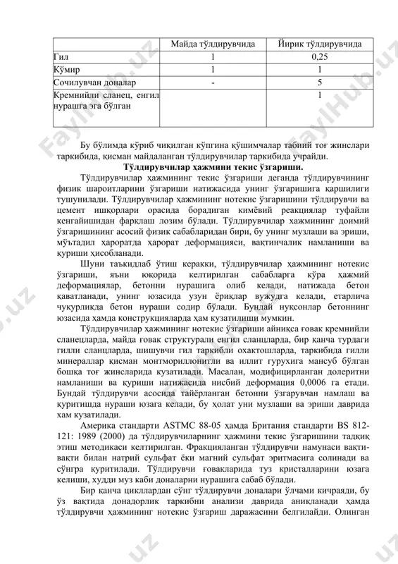 нгайишидан фарқлаш лозим бўлади. тўлдирувчилар хажмининг доимий ўзгаришининг асосий физик сабабларидан бири, бу унинг музлаши ва эриши, мўътадил ҳароратда ҳарорат деформацияси, вақтинчалик намланиши ва қуриши ҳисобланади. шуни таъкидлаб ўтиш керакки, тўлдирувчилар ҳажмининг нотекис ўзгариши, яъни юқорида келтирилган сабабларга кўра ҳажмий деформациялар, бетонни нурашига олиб келади, натижада бетон қаватланади, унинг юзасида узун ёриқлар вужудга келади, етарлича чуқурликда бетон нураши содир бўлади. бундай нуқсонлар бетоннинг юзасида ҳамда конструкцияларда ҳам кузатилиши мумкин. тўлдирувчилар ҳажмининг нотекис ўзгариши айниқса ғовак кремнийли сланецларда, майда ғовак структурали енгил сланцларда, бир қанча турдаги гилли сланцларда, шишувчи гил таркибли охактошларда, таркибида гилли минераллар қисман монтмориллонитли ва иллит гурухига мансуб бўлган бошқа тоғ жинсларида кузатилади. масалан, модифицирланган долеритни намланиши ва қуриши натижасида нисбий деформация 0,0006 га етади. бундай тўлдирувчи асосида тайёрланган бетонни ўзгарувчан намлаш ва қуритишда нураши юзага келади, бу ҳолат уни музлаши ва эриши даврида хам кузатилади. америка стандарти astmc 88-05 ҳамда британия стандарти bs 812-121: 1989 (2000) да …