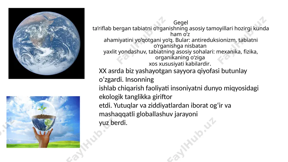 zilib, koʻtarila, yuksala boshlaydi va u ruhiy mavjudot („subyektiv ruh“) sifatida, oʻzining bunday mohiyatini tegishli (anglovchi va xoxlovchi) xususiyati va uning mazmuniga mos tarzda payqamas, oʻzlashtirmas ekan, ibtidosi qanday boʻlsa, shundayligicha qolaveradi. obyektiv ruh „obyektiv ruh“ ning koʻrinishlari ijtimoiy hayot shakllari — huquq, axloq, urf-odat va davlat ham xuddi shunday tadrijiylik jarayonlarini bosib oʻtadi. bu yerda ham boshqa joylardagidek, uchinchi bosqich uzidan avvalgi ikkitasining omixtasi (sintezi) hisoblanadi. ijtimoiy hayotda huquqiy mazmun bilan axloqiy eʼtiqodning mushtarakligi hal qiluvchi ahamiyat kasb etadi. mazkur mushtaraklik davlat timsolida oʻzining oliy ifodasini topadi. etiboringiz uchun rahmat! image1.jpeg image2.png image3.jpeg image4.jpeg image5.jpeg image6.jpeg image7.jpeg image8.jpeg image9.jpeg image10.jpeg image11.jpeg image12.jpeg image13.png image14.jpeg image15.jpeg image16.jpeg image17.jpeg image18.jpeg image19.png