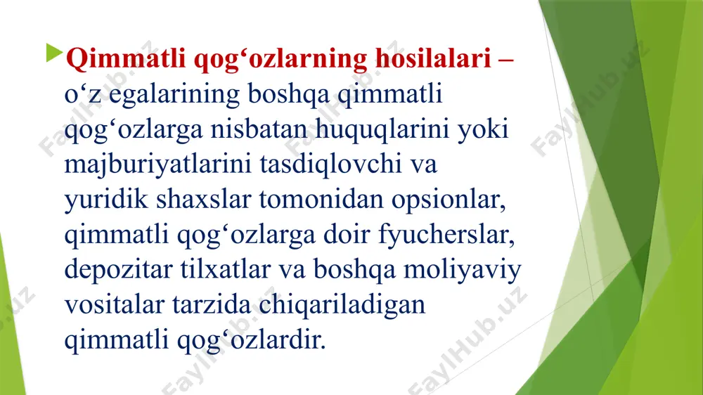 lariga muvofiq sotish huquqini beradi. dunyodagi eng katta opsion birjasi sifatida chikago opsion birjasi (cboe – chicago board of options exchange, www.cboe.com) faoliyat yuritadi. 1973-yilda mazkur opsion birjasida birinchi marta opsion bitimi tuzilgan. moliyaviy institutlar, forvard, fyuchers va opsionlar bilan birgalikda yana bir muhim moliyaviy instrument hisoblanuvchi, svoplardan keng foydalanadilar. svop bu -shunday moliyaviy shartnoma boʻlib, u bir tomonga tegishli boʻlgan kelgusidagi toʻlovlarni ikkinchi tomonning kelgusidagi toʻlovlariga almashtirish vazifasini yuklaydi. valyuta svopi- bu shartnoma turiga koʻra shartnoma muddati tugagunga qadar kelishilgan muddatlarda bir tomon toʻlovlarni bir valyutada, ikkinchi tomon toʻlovlarni boshqa valyutada amalga oshiradi. aktivlar svopi- aktivlar svopi doirasida bir aktiv boʻyicha qatʼiy foizlar, boshqa aktiv boʻyicha oʻzgaruvchan foizlarga almashtiriladi. tovar svopi- bu shartnomalarga koʻra aniq bir tovarga nisbatan qoʻllaniluvchi qatʼiy toʻlovlar oʻzgaruvchan toʻlovlarga almashtiriladi. e’tiboringiz uchun rahmat! image1.png /docprops/thumbnail.jpeg
