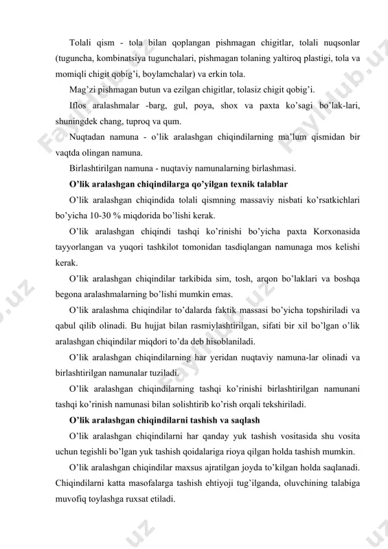 iy etiladi. bu mahsulotni o’rash, belgi qo’yish, tashish va saqlashga bo’lgan talablarini belgilaydi. paxta mahsuloti toylarini o’rash quyidagi umumiy texnik talablar asosida amalga oshiriladi: paxta tozalash korxonalarining tolali mahsulotini o’rash kuchi 4000-5000 va 6300 kn bo’lgan gidravlik presslash uskunalarida amalga oshiriladi. tolali mahsulot o’ralgan toyining umumiy ko’rinishi 37-rasmga mos kelishi kerak. izoh: toylarning ko’zda tutilgan brutto massasining cheklanishi faqat transportlash jarayonida inobatga olinadi. tolali mahsulot toyning o’lchamlari, mm da: bo’yi - 970; eni- 595; balandligi- 735 - dan oshmasligi kerak. paxta tolasining toylari har tomonidan o’lchamlari va texnik talablari o’zdst 665 raqamli standartga mos keluvchi o’rov materiallari to’plami bilan o’ralishi kerak. o’rov materiallari to’plami bo’yicha to’rt qismdan iborat (38-rasm): · toyning ikki bosh tomoni sirtlarini qoplovchi ikkita «bosh qoplama» dan; · toyning bitta qavariq va ikki yon sirtlarini qoplovchi «shol»dan; · toyning ikkinchi qavariq sirtini qoplovchi «yostiq» dan. pressda bog’langan toyni yumshoq konteyner bilan o’rab, bosh tomoni sirtidagi klapanni tikishga …